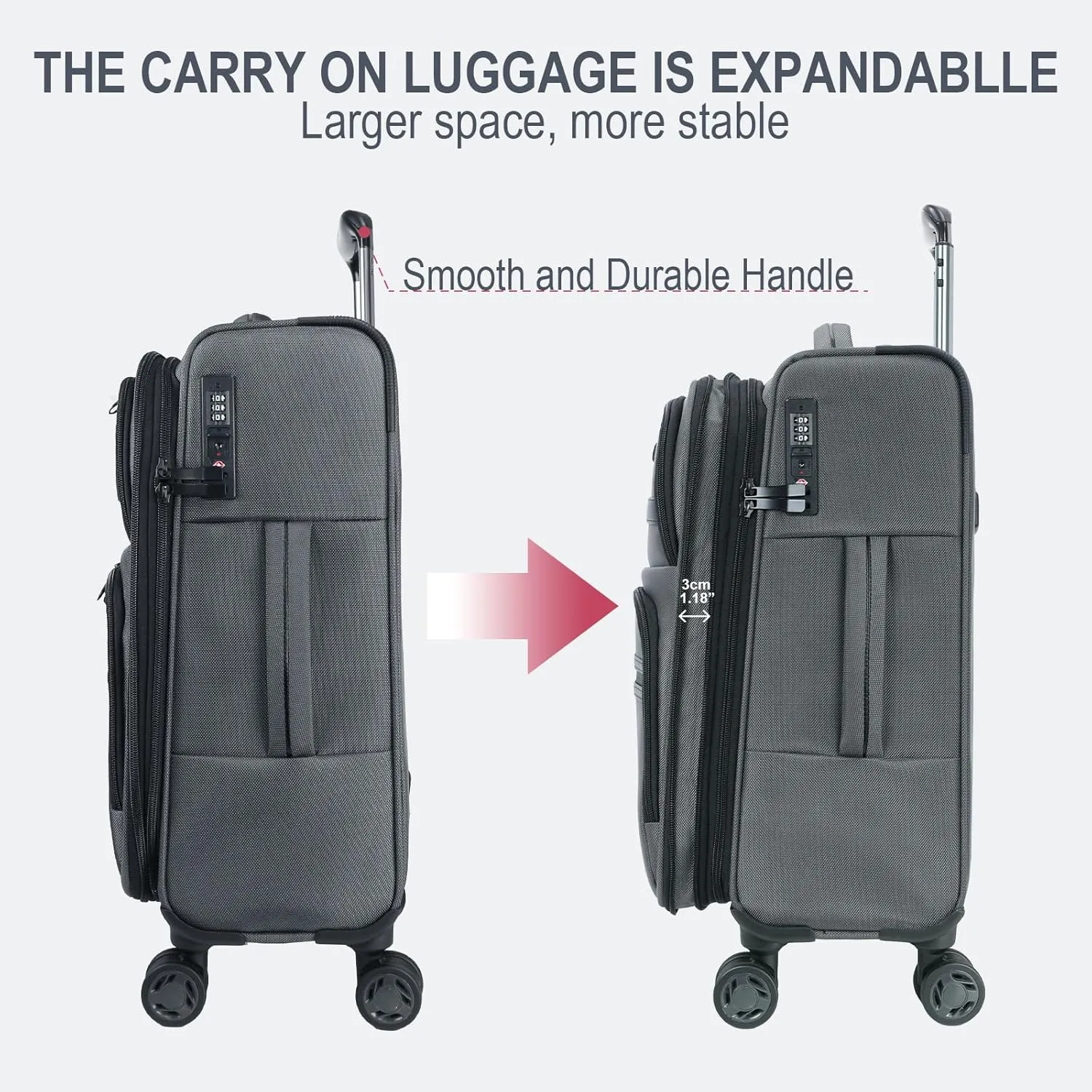 KROSER Softside Expandable Carry On Luggage with Spinner Wheels & Built-in TSA Lock, Durable Suitcase Rolling Luggage with USB Port, Carry-On 20-Inch, Grey