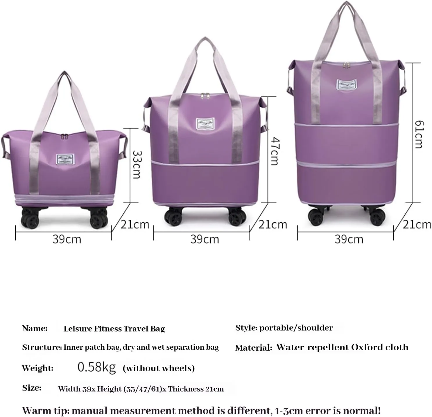 Kulken Travel Bag with Wheels - 2025 New Large Capacity Travel Bag - Universal Wheel Removable (Light purple)