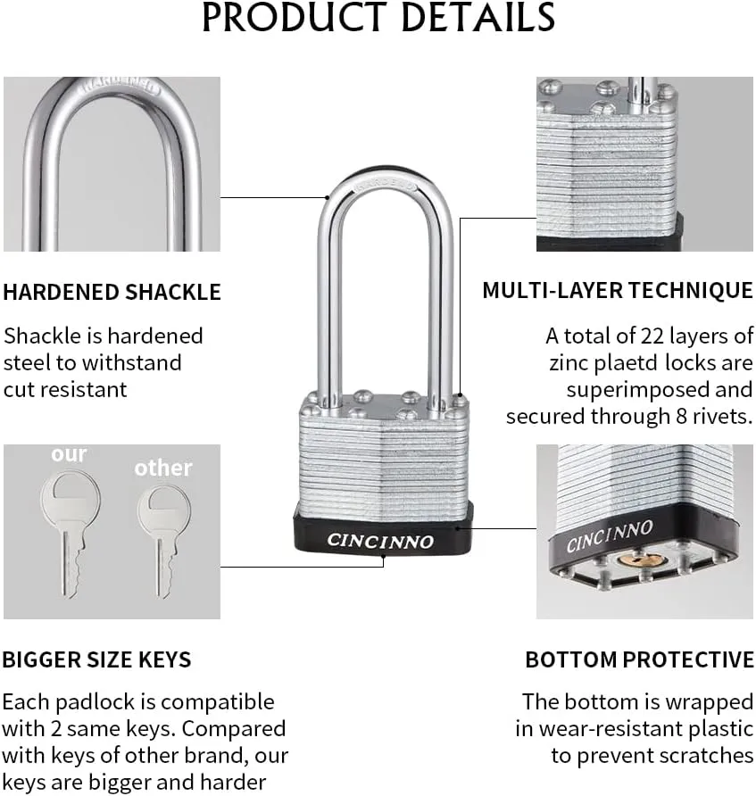 Laminated Steel Padlock with Key，6 Pack Keyed Alike Padlocks with Long Shackle