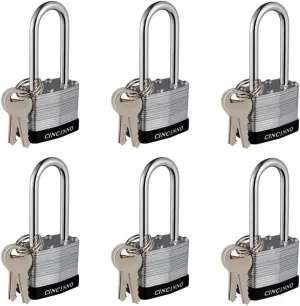 Laminated Steel Padlock with Key，6 Pack Keyed Alike Padlocks with Long Shackle