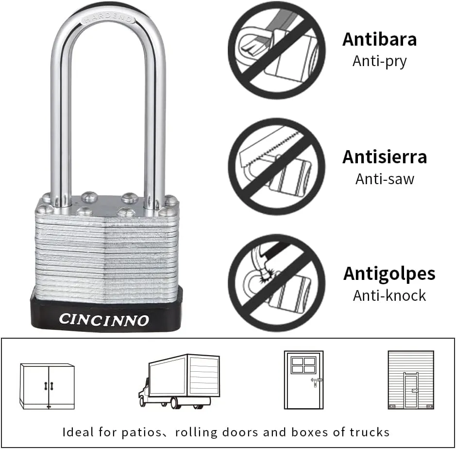 Laminated Steel Padlock with Key，6 Pack Keyed Alike Padlocks with Long Shackle