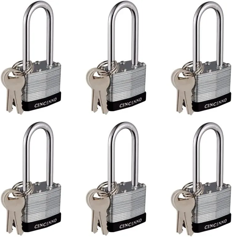 Laminated Steel Padlock with Key，6 Pack Keyed Alike Padlocks with Long Shackle