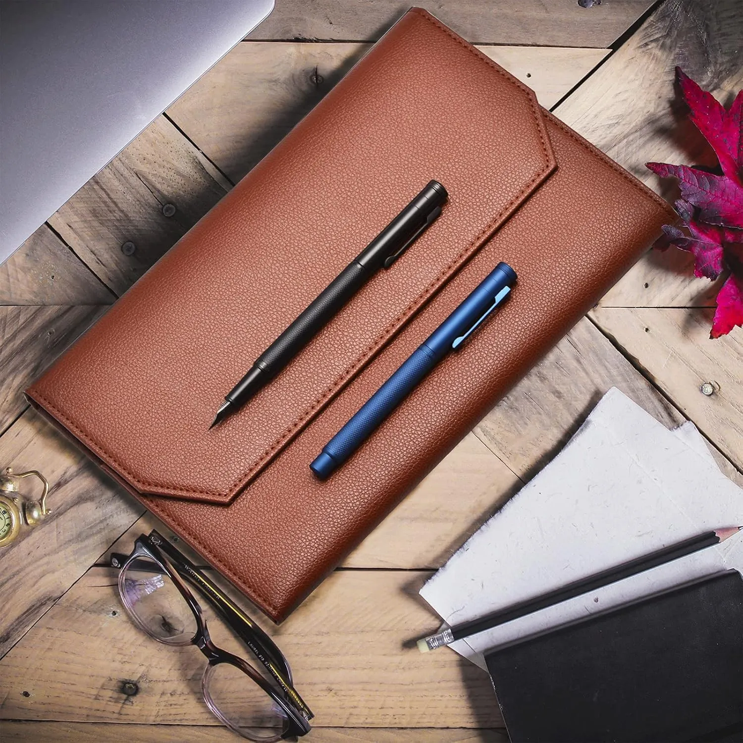 Lanxivi 12 Coffee PU Leather Fountain Pen Case Organizer Bag Portfolio, Protective Sleeve Cover Pen Holder with Divider Slot for Rollerball Pen, Pencil Collection