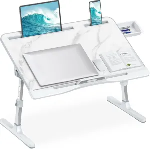 Laptop Bed Desk, Adjustable Laptop Lap Desk with Drawer, X-Large Foldable Bed Table Tray for Bed Couch Floor Desk Writing Working Reading Eating Painting (Marble, 23.6"×15.7")