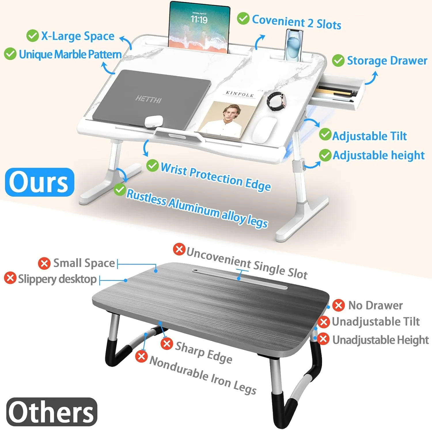 Laptop Bed Desk, Adjustable Laptop Lap Desk with Drawer, X-Large Foldable Bed Table Tray for Bed Couch Floor Desk Writing Working Reading Eating Painting (Marble, 23.6"×15.7")