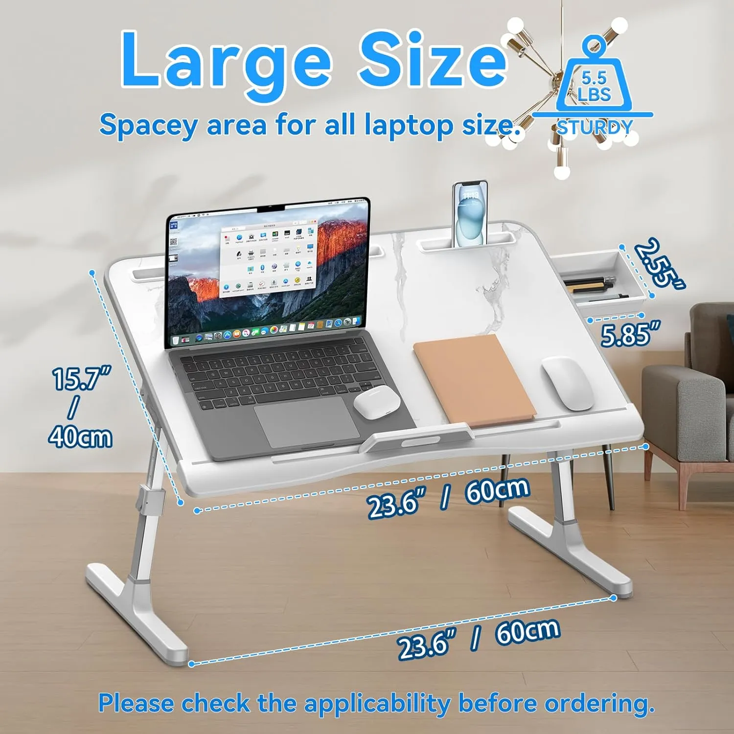 Laptop Bed Desk, Adjustable Laptop Lap Desk with Drawer, X-Large Foldable Bed Table Tray for Bed Couch Floor Desk Writing Working Reading Eating Painting (Marble, 23.6"×15.7")