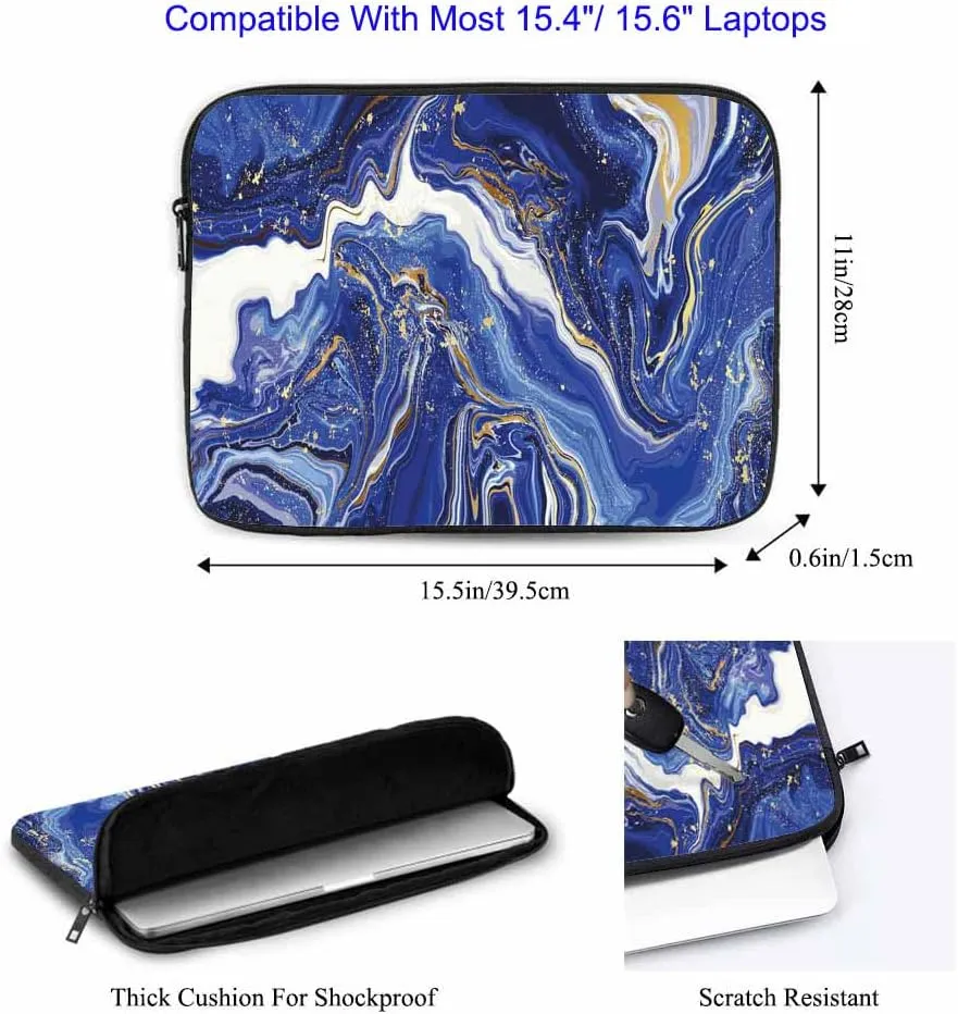 Laptop Sleeve Bag 15.4 15.6 Inch,Blue Marble and Gold Powder Natural Luxury Style Swirls Protective Polyester Computer Cases Laptop Cover Briefcase Bag Tablet Travel Cover