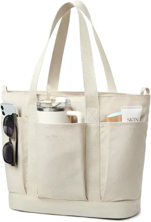 Large Canvas Tote Bag for Women with Zipper Everything Bag with Pockets and Laptop Sleeve for Work, Travel, Gym