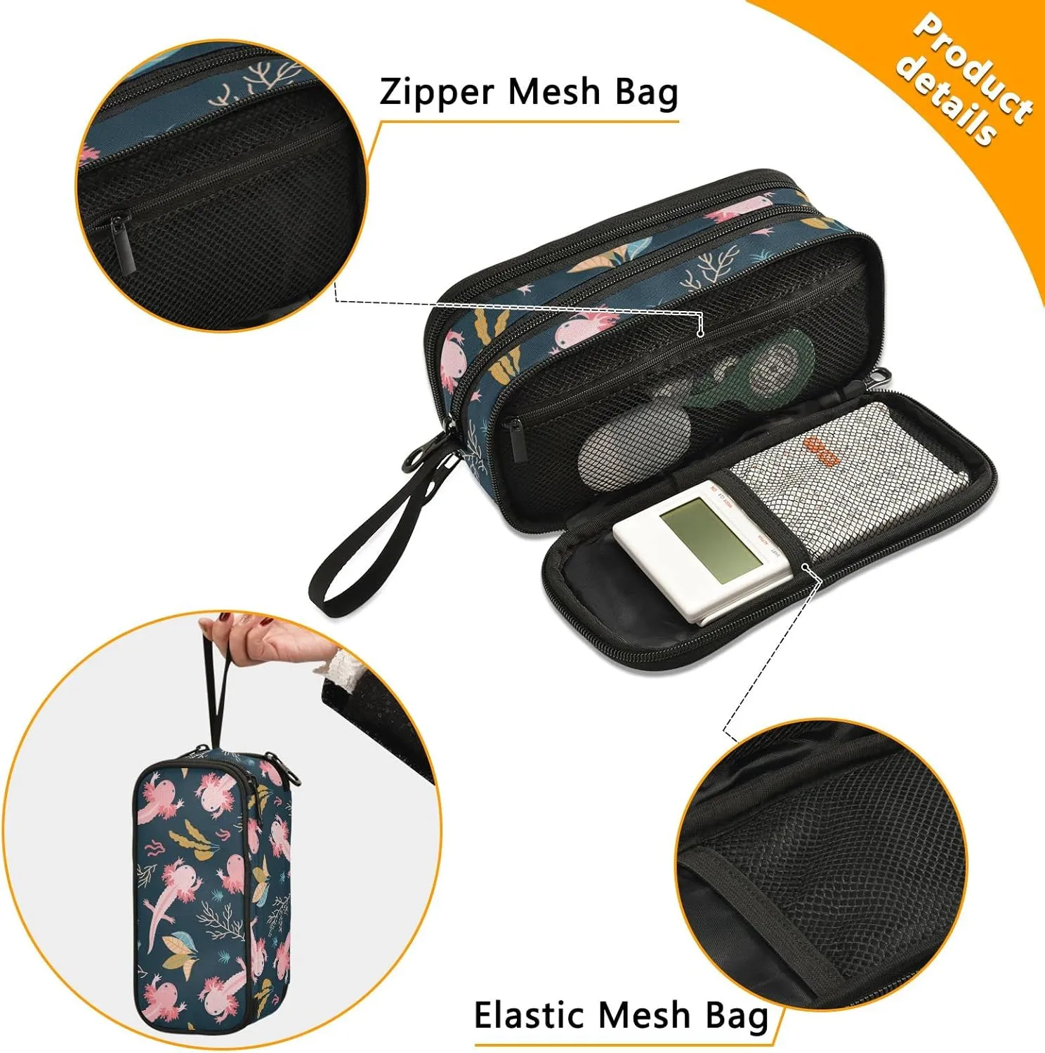 Large Capacity Pencil Case Pencil Pouch Office School Large Storage Pen Bag 3 Compartment pencil box for Adults School Teen Girl Boy Men Women (Axolotl)