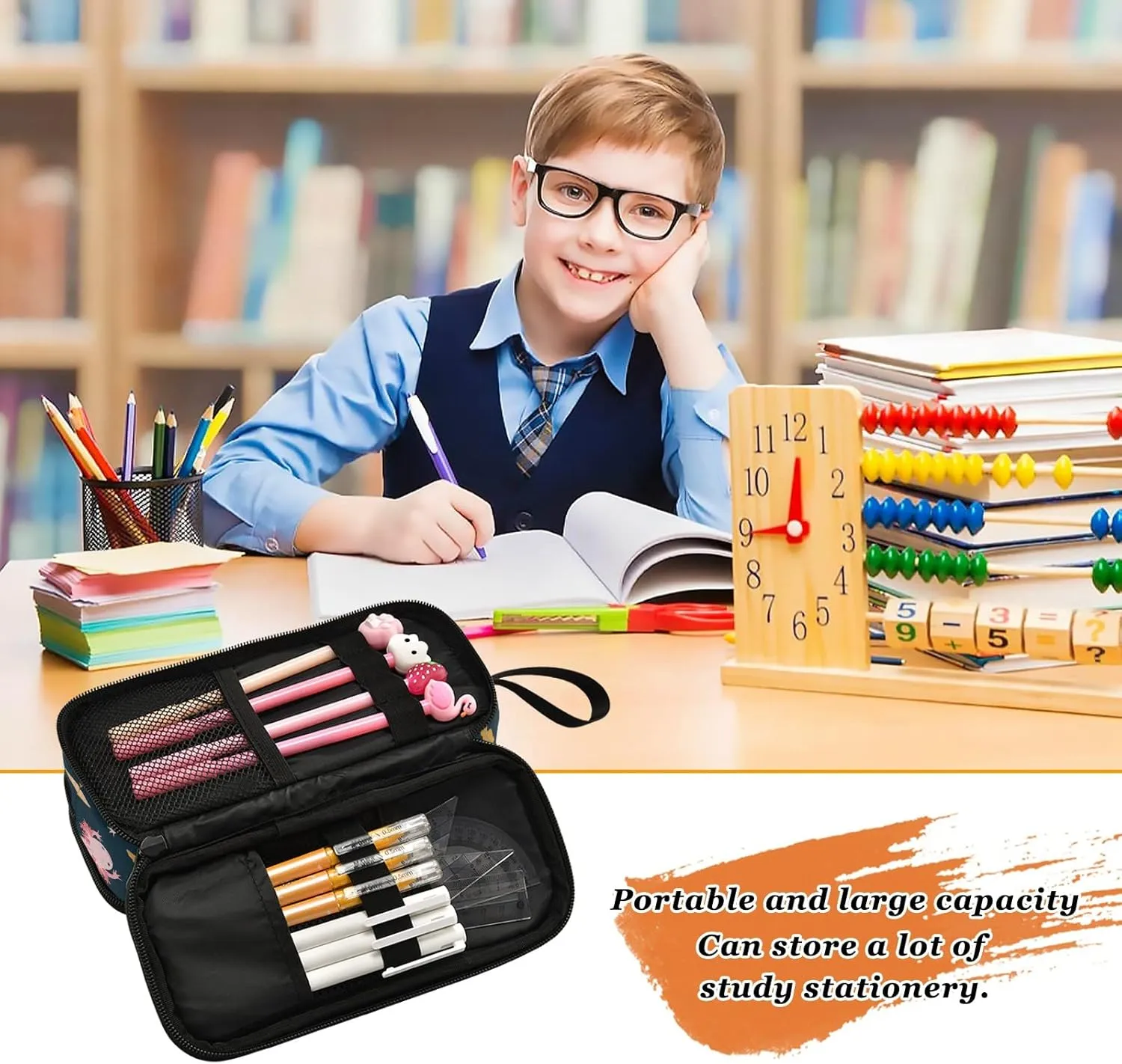 Large Capacity Pencil Case Pencil Pouch Office School Large Storage Pen Bag 3 Compartment pencil box for Adults School Teen Girl Boy Men Women (Axolotl)