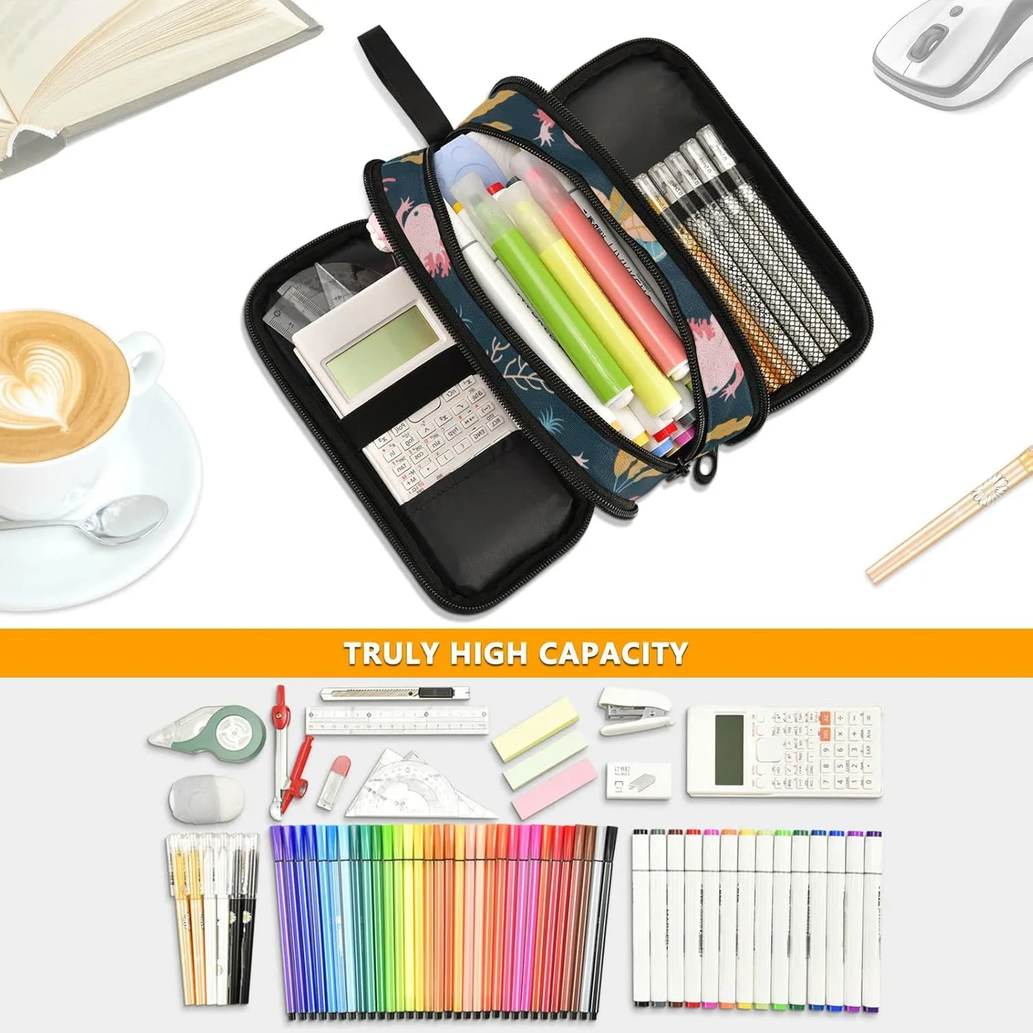 Large Capacity Pencil Case Pencil Pouch Office School Large Storage Pen Bag 3 Compartment pencil box for Adults School Teen Girl Boy Men Women (Axolotl)