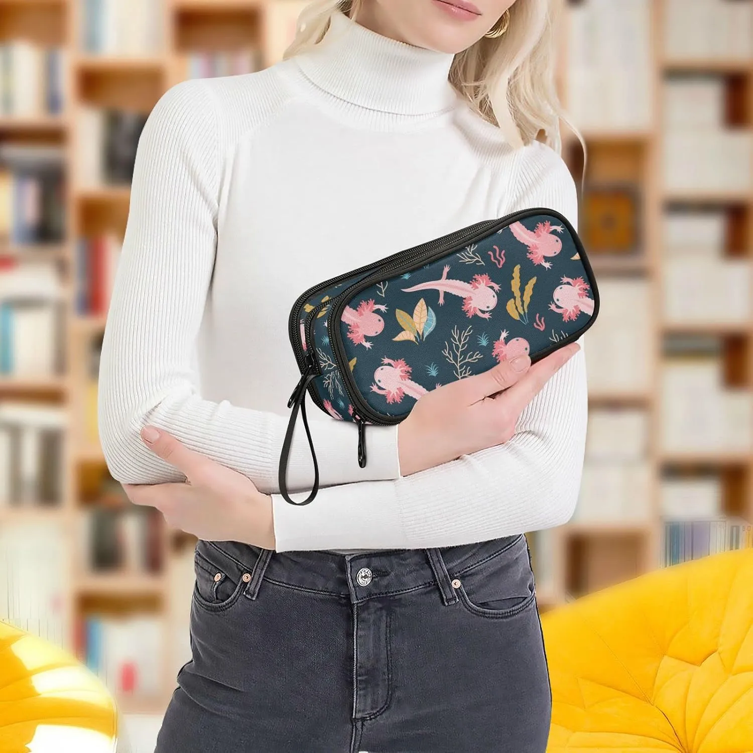 Large Capacity Pencil Case Pencil Pouch Office School Large Storage Pen Bag 3 Compartment pencil box for Adults School Teen Girl Boy Men Women (Axolotl)