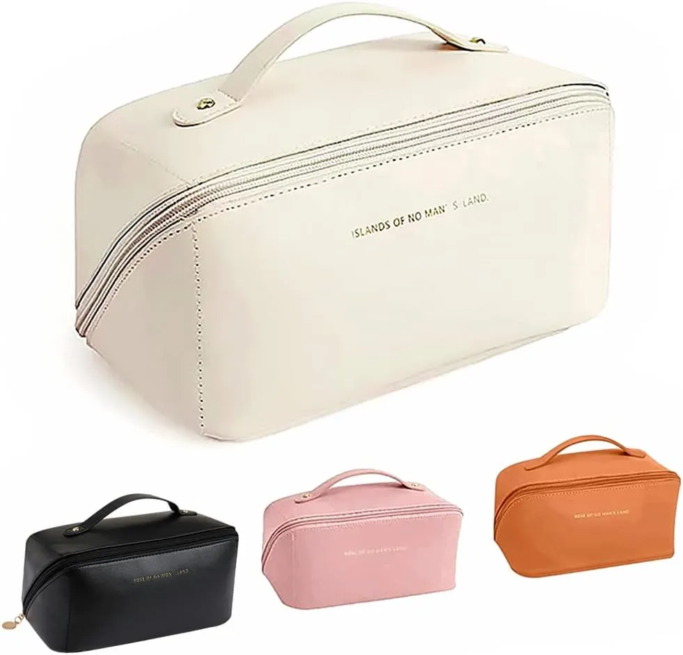 Large Capacity Travel Makeup Bag Portable Travel Cosmetic Bag for Women,Makeup Organizer Storage Cases Toiletry Bag Waterproof Bathroom Bag for Girls With Handle and Divider(White)
