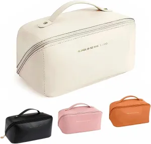 Large Capacity Travel Makeup Bag Portable Travel Cosmetic Bag for Women,Makeup Organizer Storage Cases Toiletry Bag Waterproof Bathroom Bag for Girls With Handle and Divider(White)