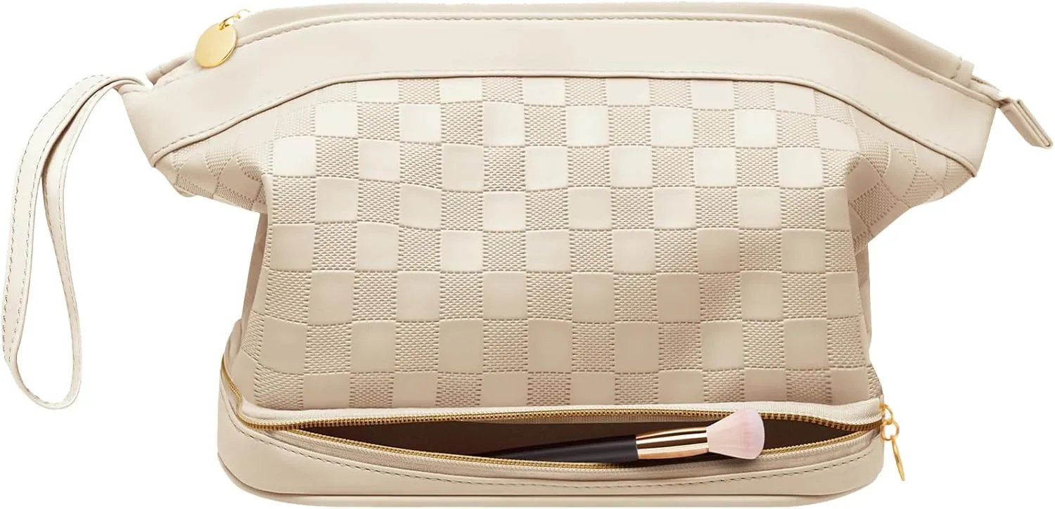 Large Makeup Bag, Double Layer Makeup Bag Organizer, Toiletry Bag For Women, Cosmetic Travel Bag, Leather Makeup Bag, Portable Toiletry Bag, Waterproof Roomy Bag For Women And Girls, Beige