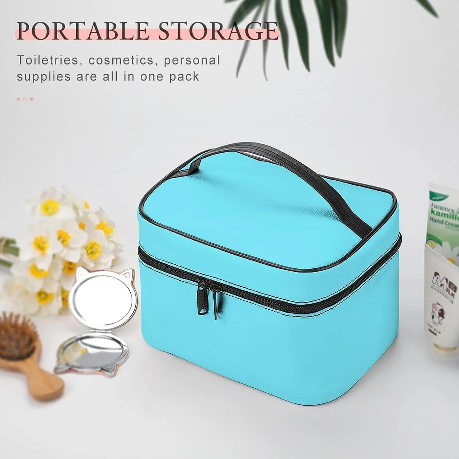 Large Makeup Bag, Solid Color Light Aqua Blue Cosmetic Bag for Women Girls, Portable Toiletry Bag, Travel Make Up Organizer Bag