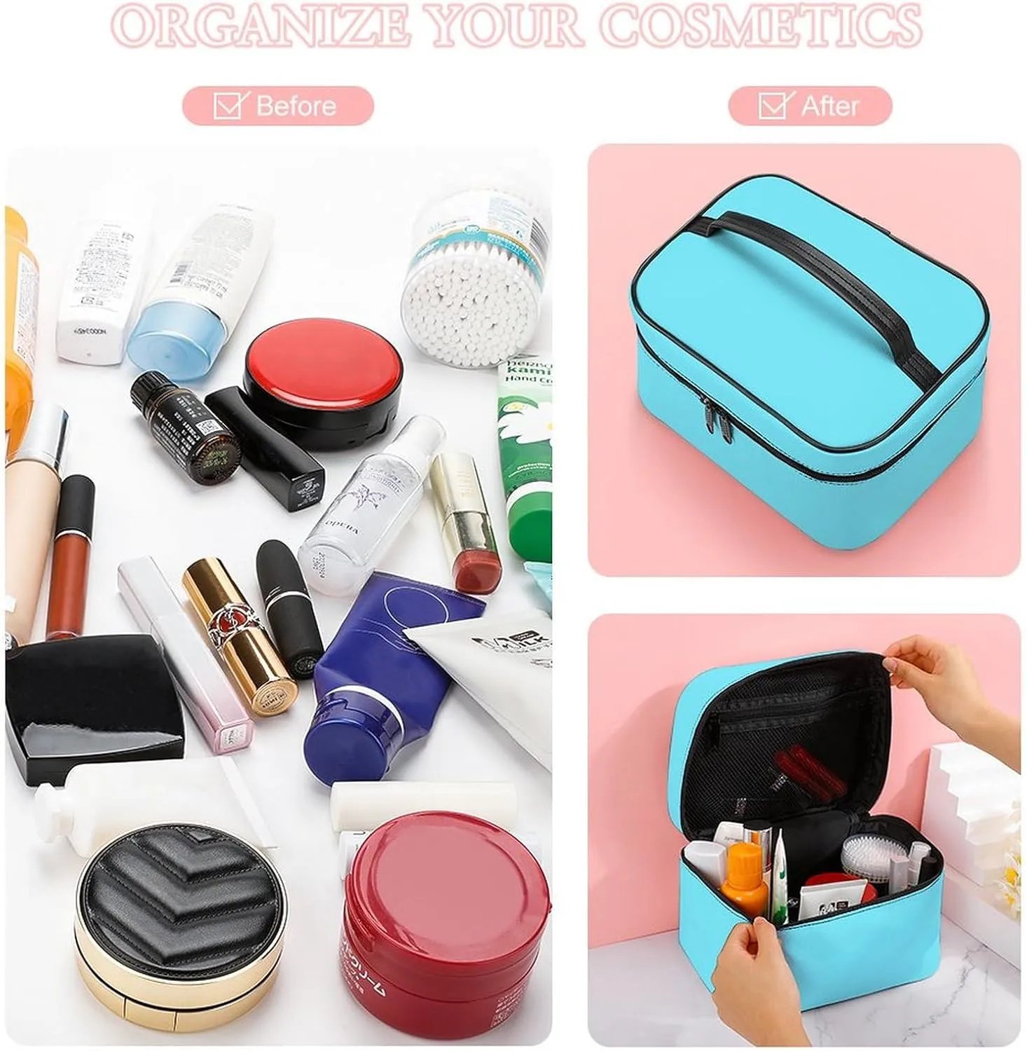 Large Makeup Bag, Solid Color Light Aqua Blue Cosmetic Bag for Women Girls, Portable Toiletry Bag, Travel Make Up Organizer Bag