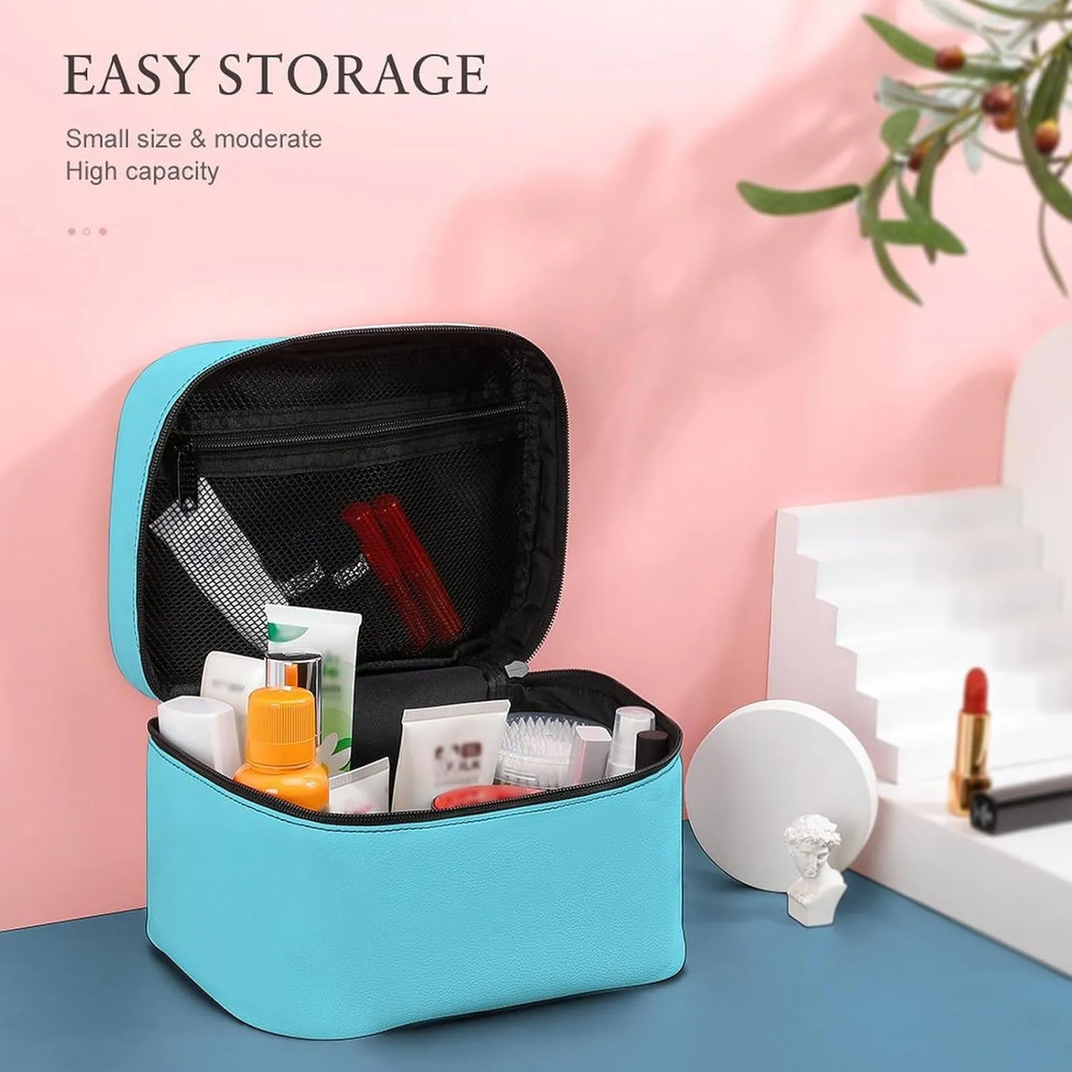 Large Makeup Bag, Solid Color Light Aqua Blue Cosmetic Bag for Women Girls, Portable Toiletry Bag, Travel Make Up Organizer Bag
