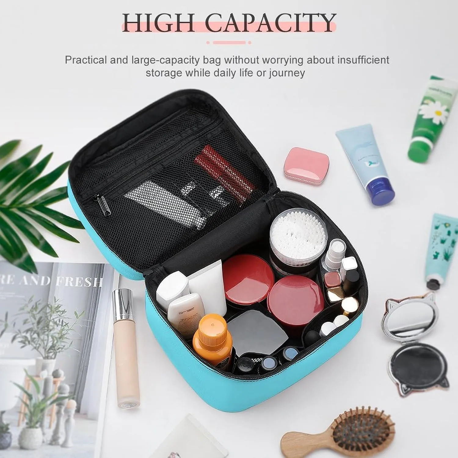 Large Makeup Bag, Solid Color Light Aqua Blue Cosmetic Bag for Women Girls, Portable Toiletry Bag, Travel Make Up Organizer Bag