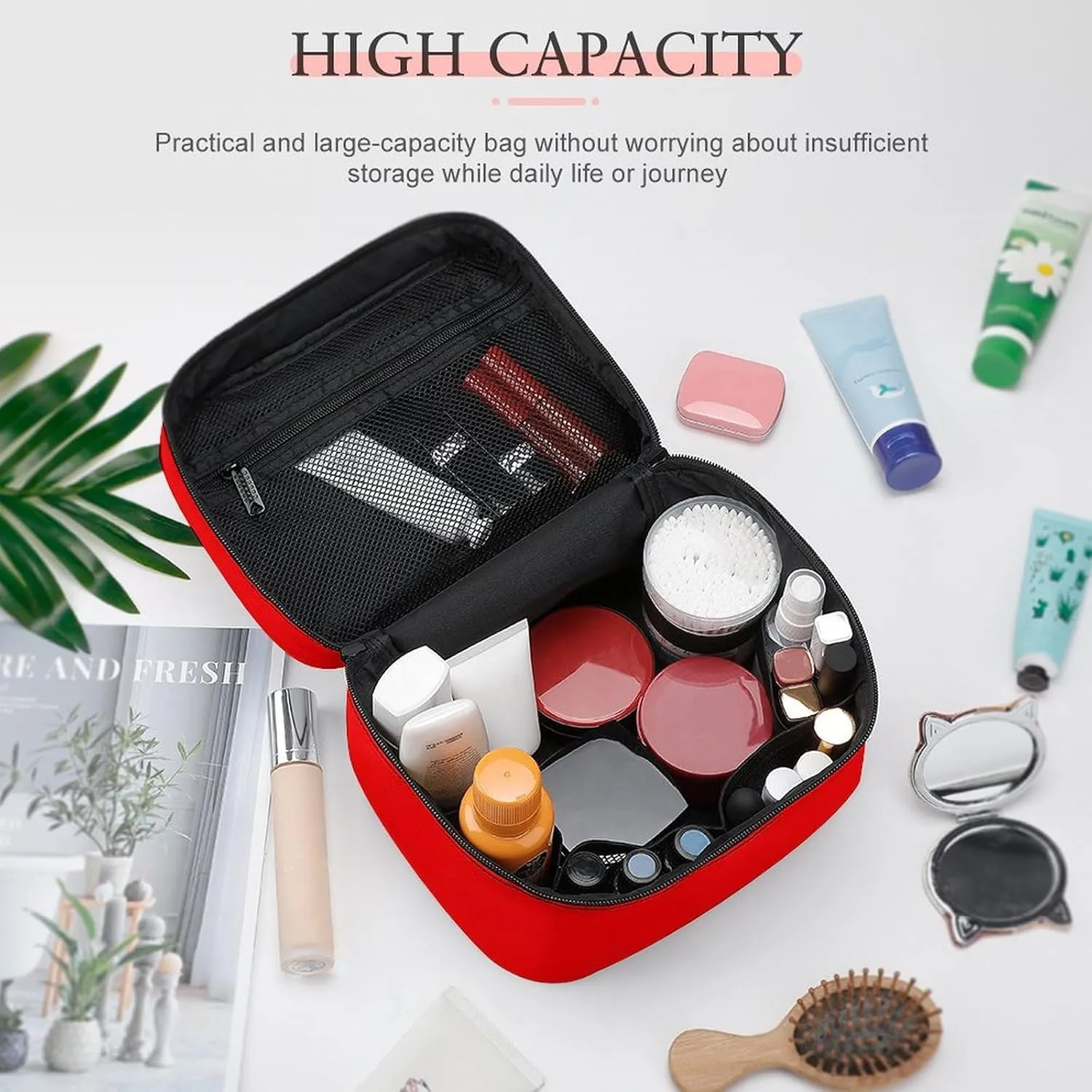 Large Makeup Bag, Solid Neon Red Cosmetic Bag for Women Girls, Portable Toiletry Bag, Travel Make Up Organizer Bag