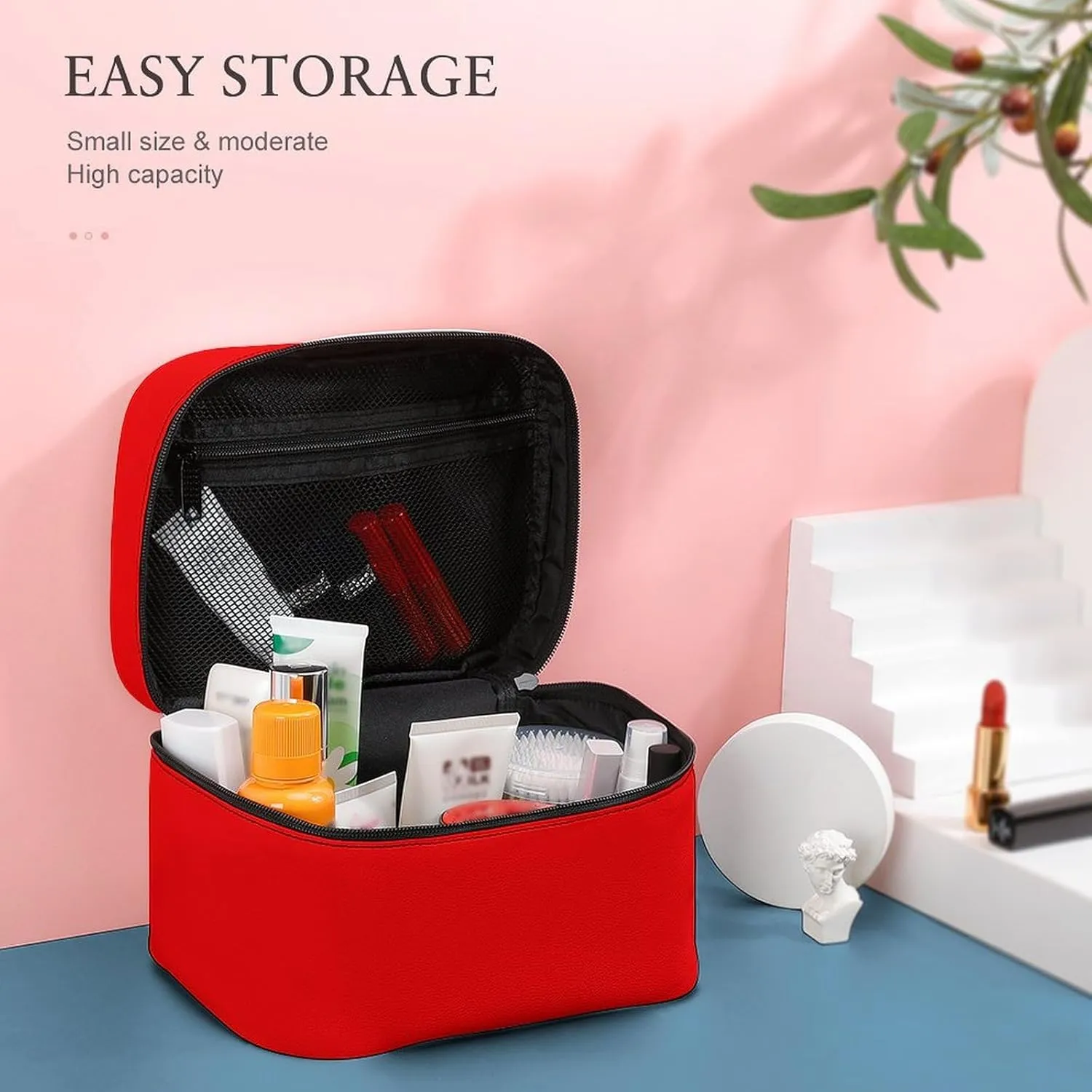 Large Makeup Bag, Solid Neon Red Cosmetic Bag for Women Girls, Portable Toiletry Bag, Travel Make Up Organizer Bag