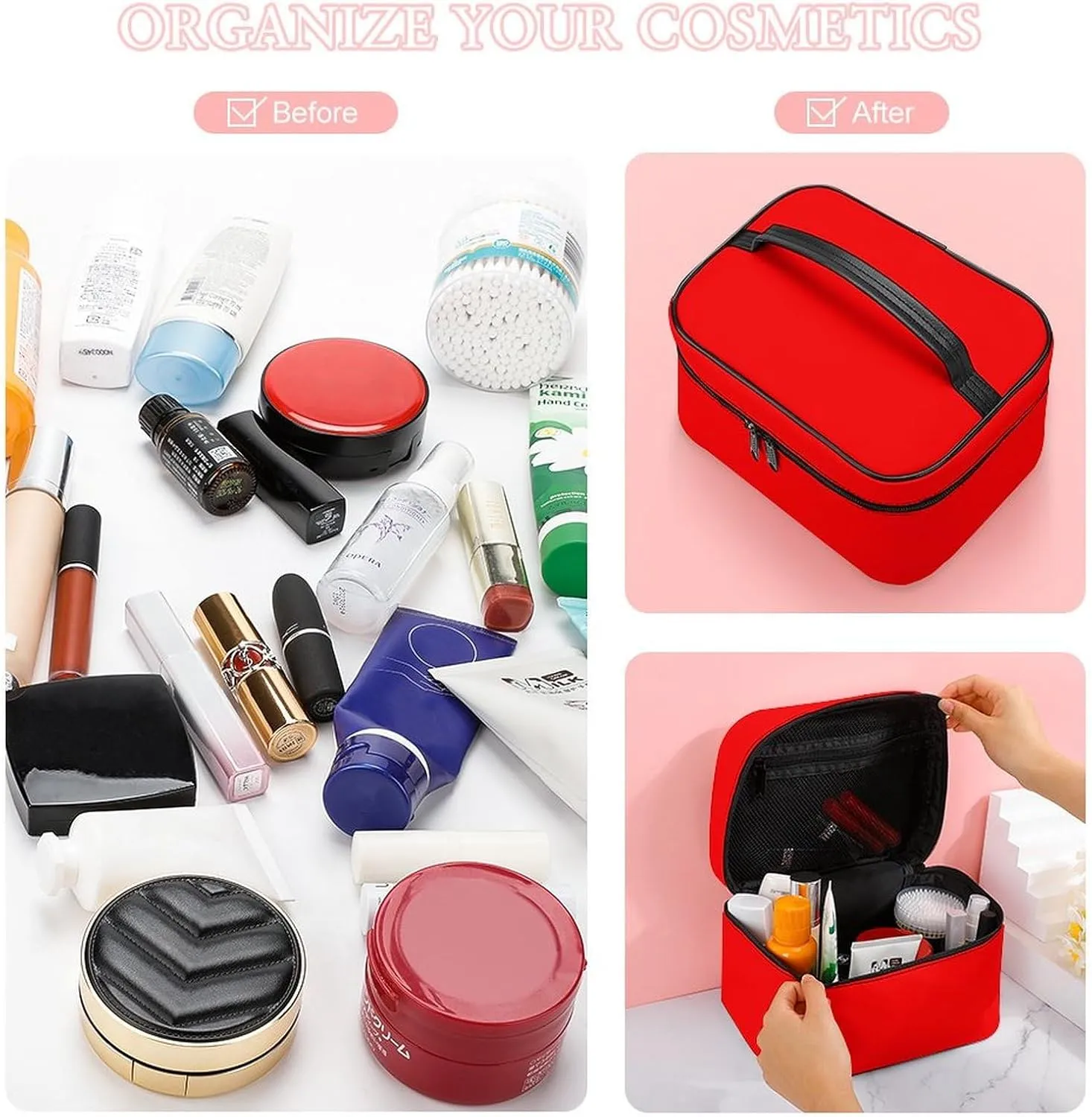 Large Makeup Bag, Solid Neon Red Cosmetic Bag for Women Girls, Portable Toiletry Bag, Travel Make Up Organizer Bag