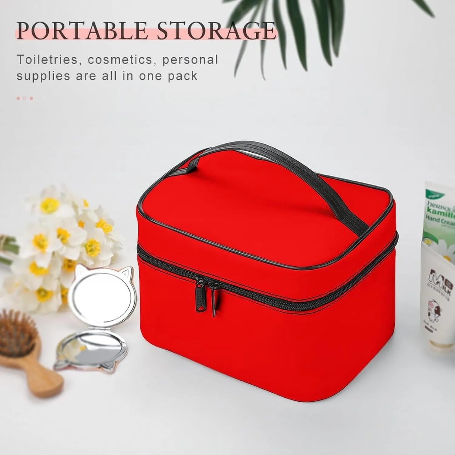 Large Makeup Bag, Solid Neon Red Cosmetic Bag for Women Girls, Portable Toiletry Bag, Travel Make Up Organizer Bag