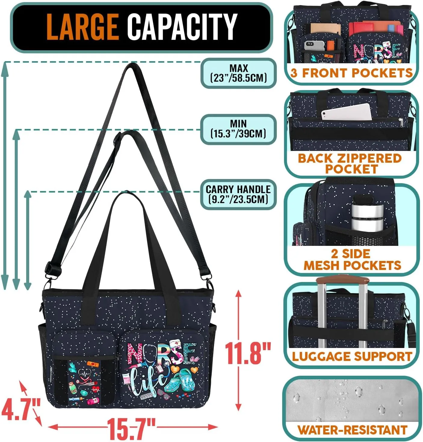 Large Nurse Work Bag. Waterproof Nurse Bag for Work. Shoulder Bag Nurse Tote Bag. Nursing Student Nurse Gift.