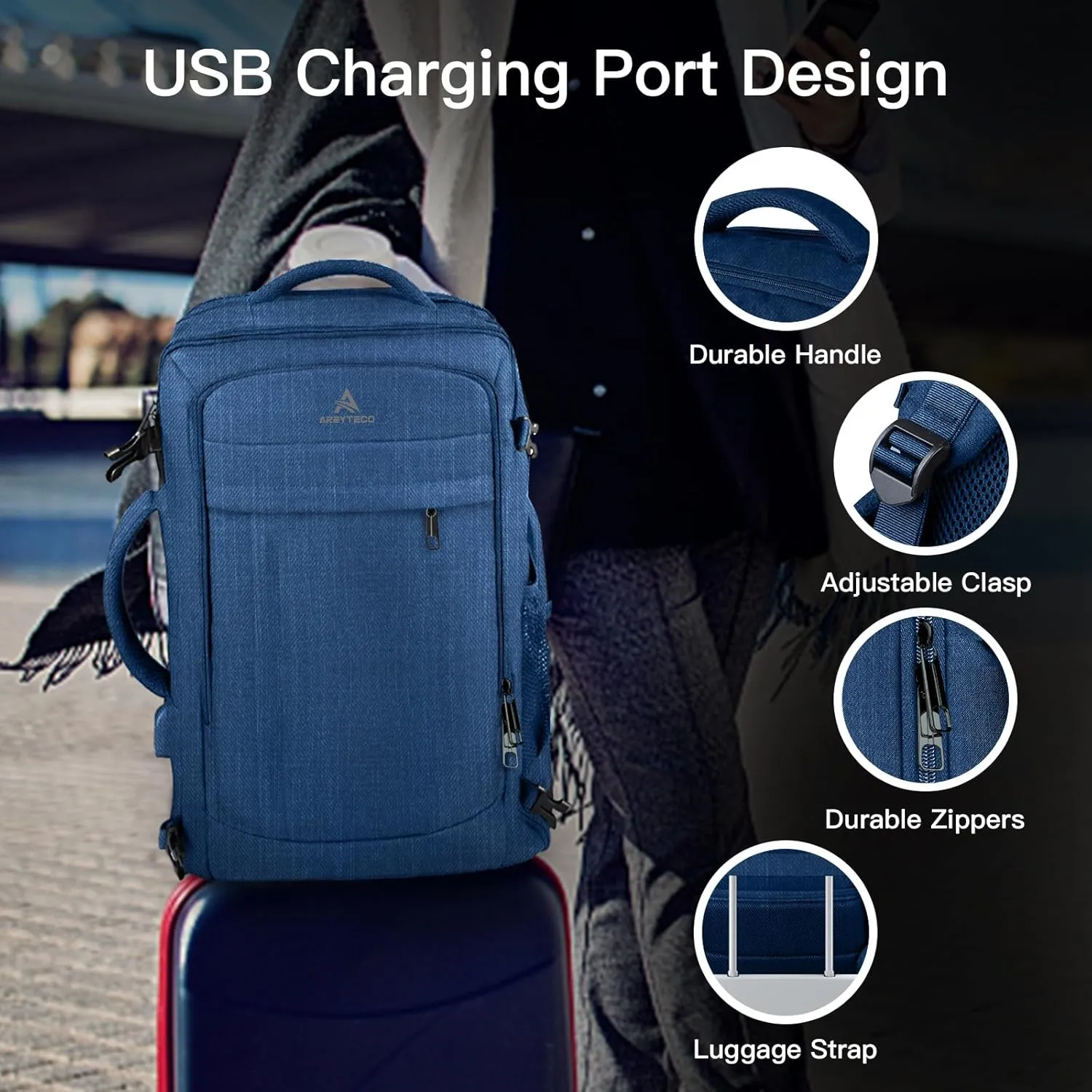 Large Travel Laptop Backpack for Men, 50L Carry On Backpack Flight Approved, Expandable Laptop Bag Water Resistant Overnight Weekender Gym Daypack Traveling Backpack, Traveler Gifts, Blue