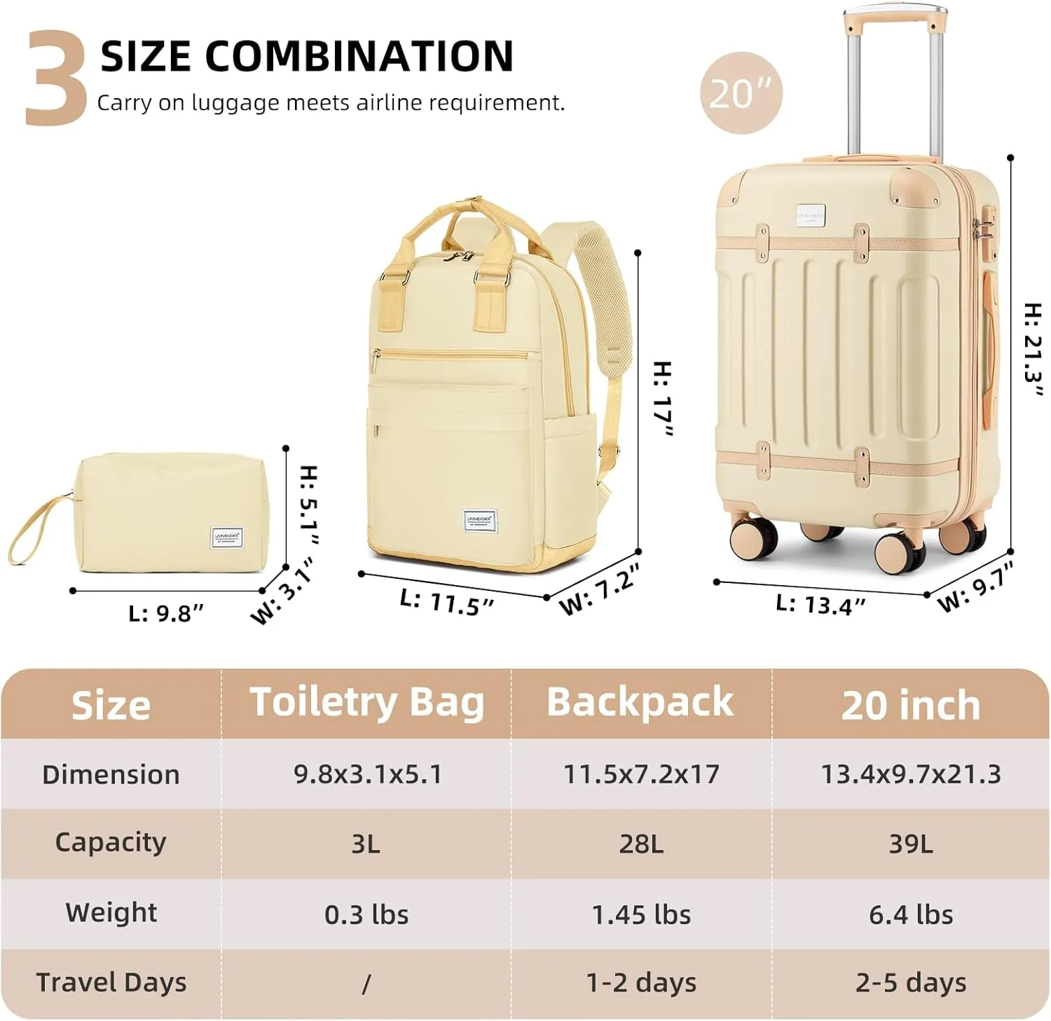 LARVENDER Luggage Sets 3 Piece Expandable Carry on Luggage 22x14x9 Airline Approved Hardshell Suitcase with Wheels TSA Lock, Lightweight Suitcase Set for Women with Travel Backpack, Cloud Cream