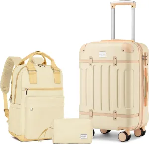 LARVENDER Luggage Sets 3 Piece Expandable Carry on Luggage 22x14x9 Airline Approved Hardshell Suitcase with Wheels TSA Lock, Lightweight Suitcase Set for Women with Travel Backpack, Cloud Cream