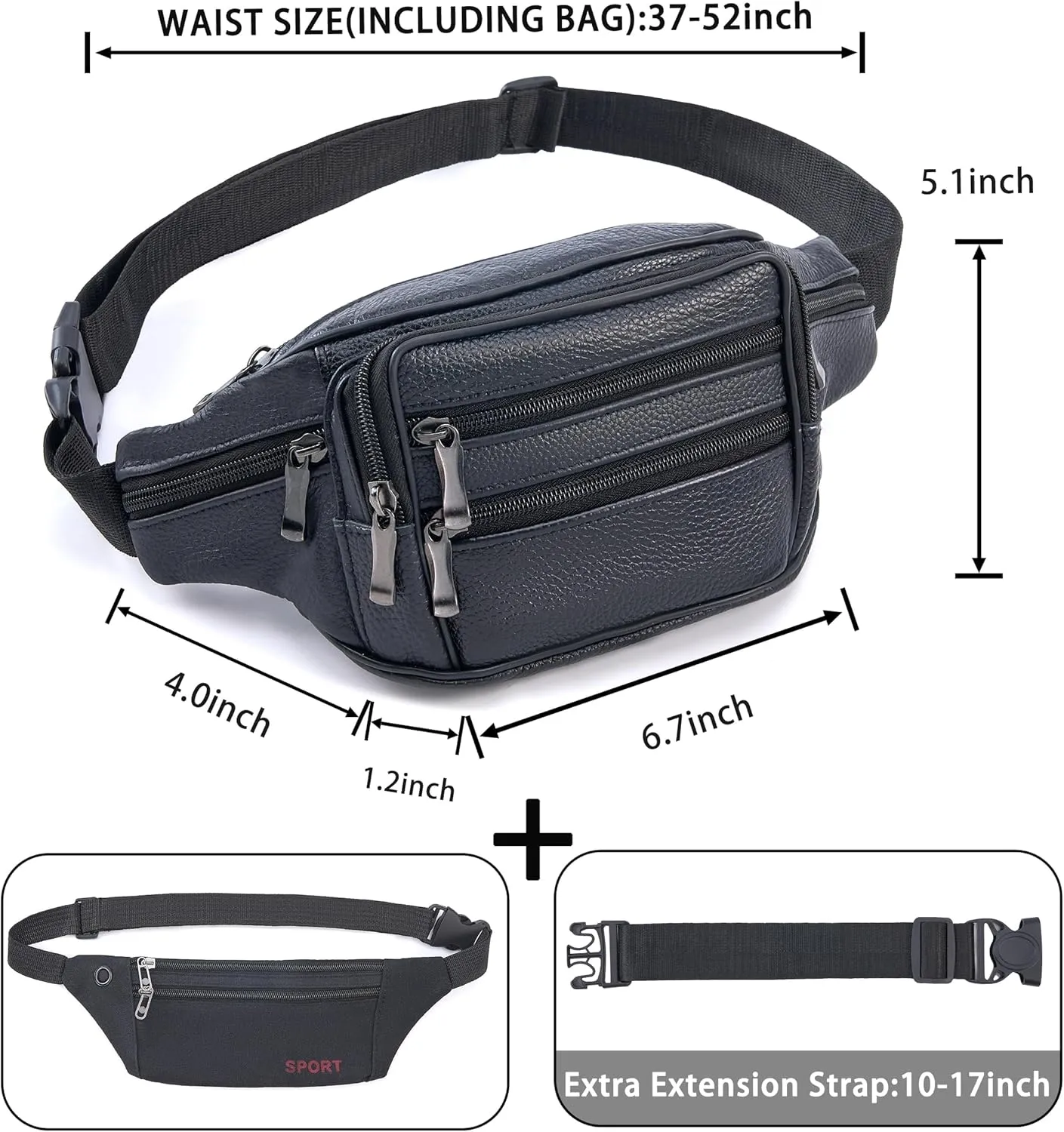 Leather Fanny Pack for Women and Men, Water-Resistant Waist Bag with Genuine Cowhide, Adjustable Leather Belt Bag with Easy Zipper, Multiple Compartments, Large Capacity