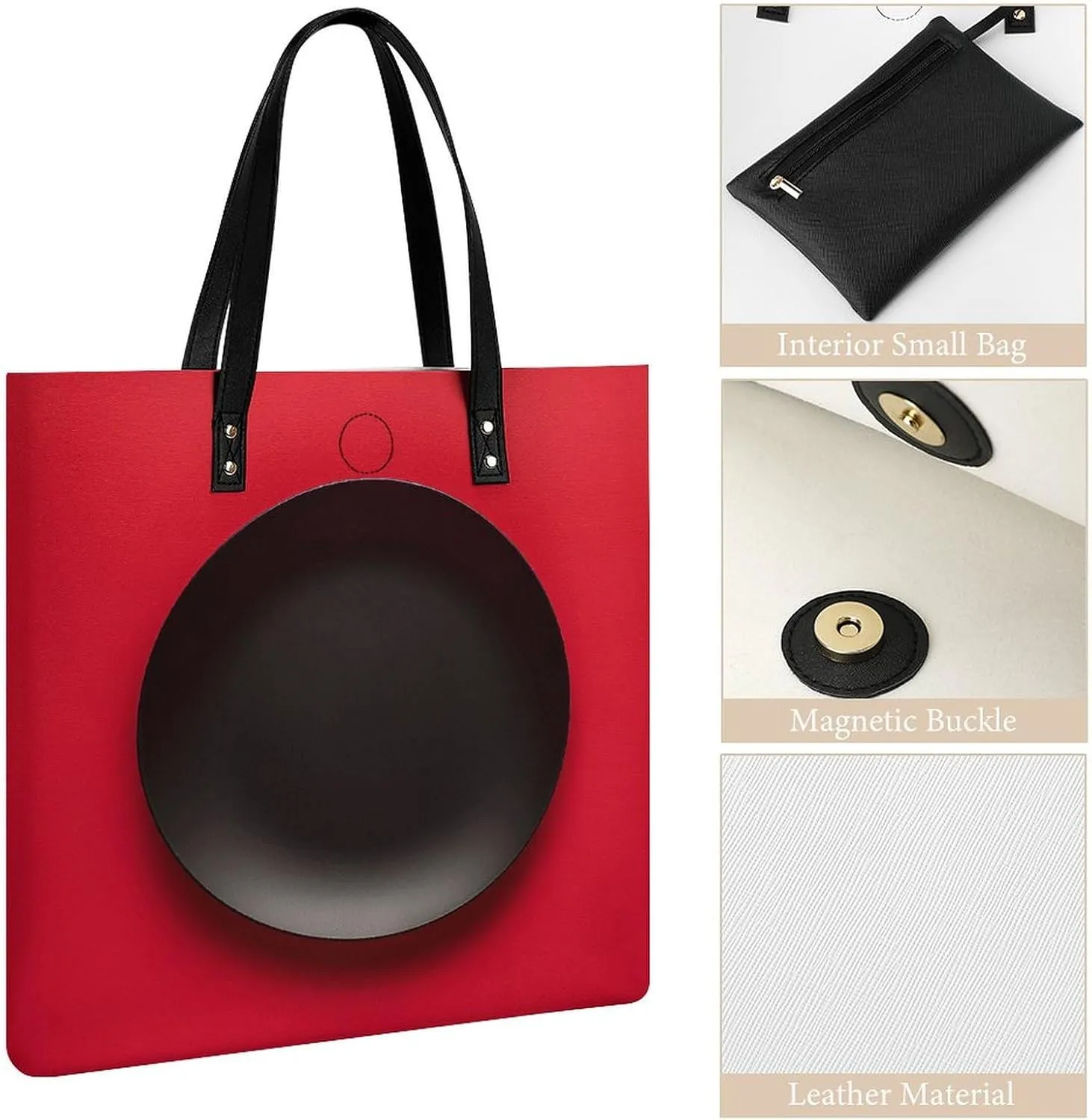 Leather Handbag for Women Tote Bag with Magnetic Buckle Red Black Plate Crossbody Bag Shoulder Bag