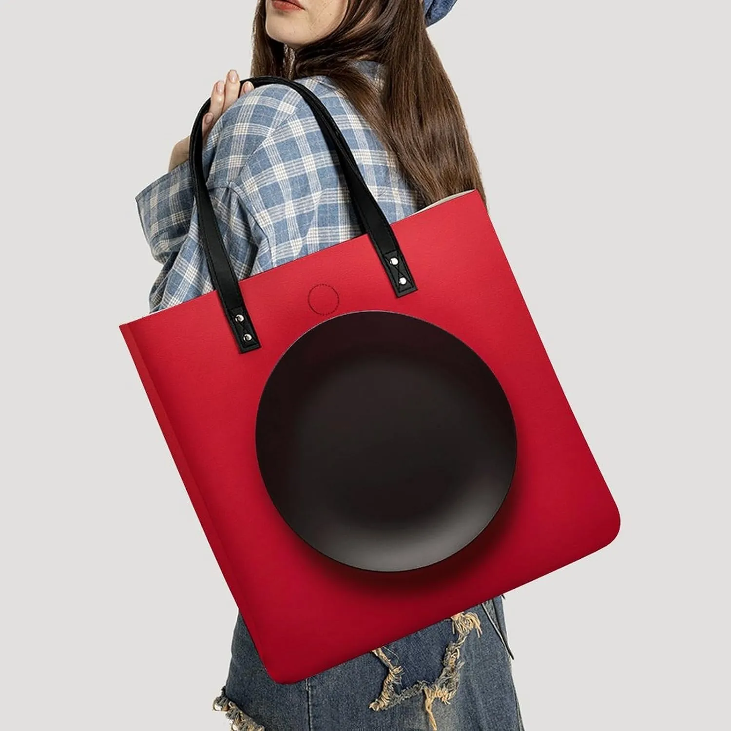 Leather Handbag for Women Tote Bag with Magnetic Buckle Red Black Plate Crossbody Bag Shoulder Bag