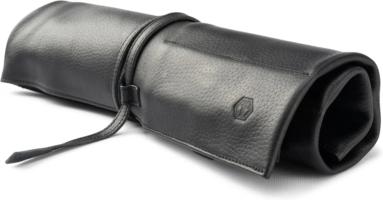 Leather Knife Roll Bag for Chef`s - Premium Knife Roll Case made of Genuine Water-Buffalo Leather, knives storage Bosse (black)