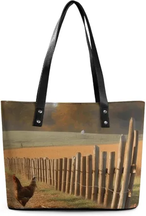 Leather Lady's Handbag, Chicken Wood Stake Farmland Print Women's Leather Tote Bag Leather Shoulder Bag Leather Handbag Chic Leather Handbags