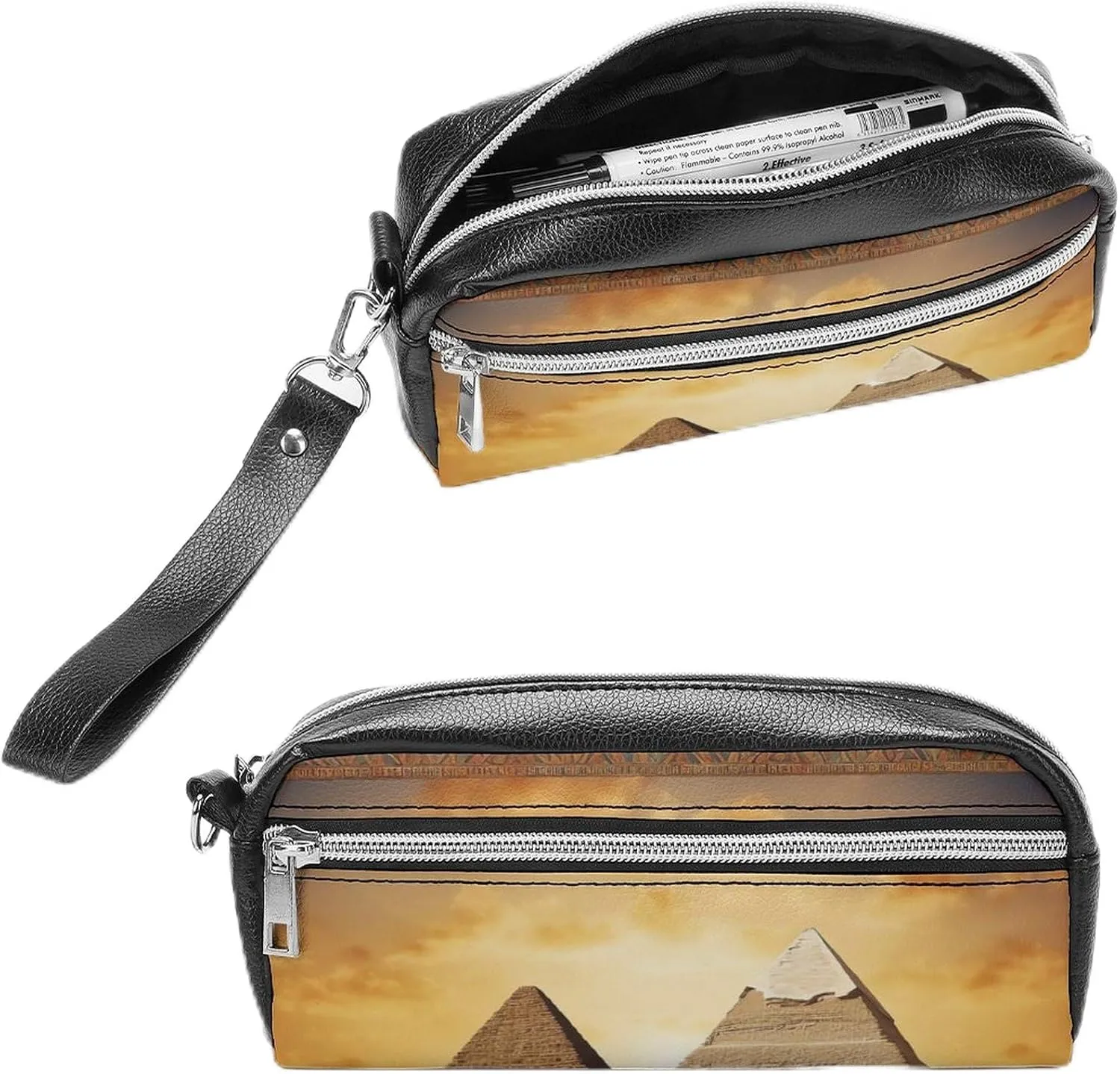 Leather Pencil Cases Ancient Egypt Pen Pouch Travel Cosmetic Bag for Purse Portable Makeup Brush Bag Holder Coin Purse for Women Makeup Case Organizer