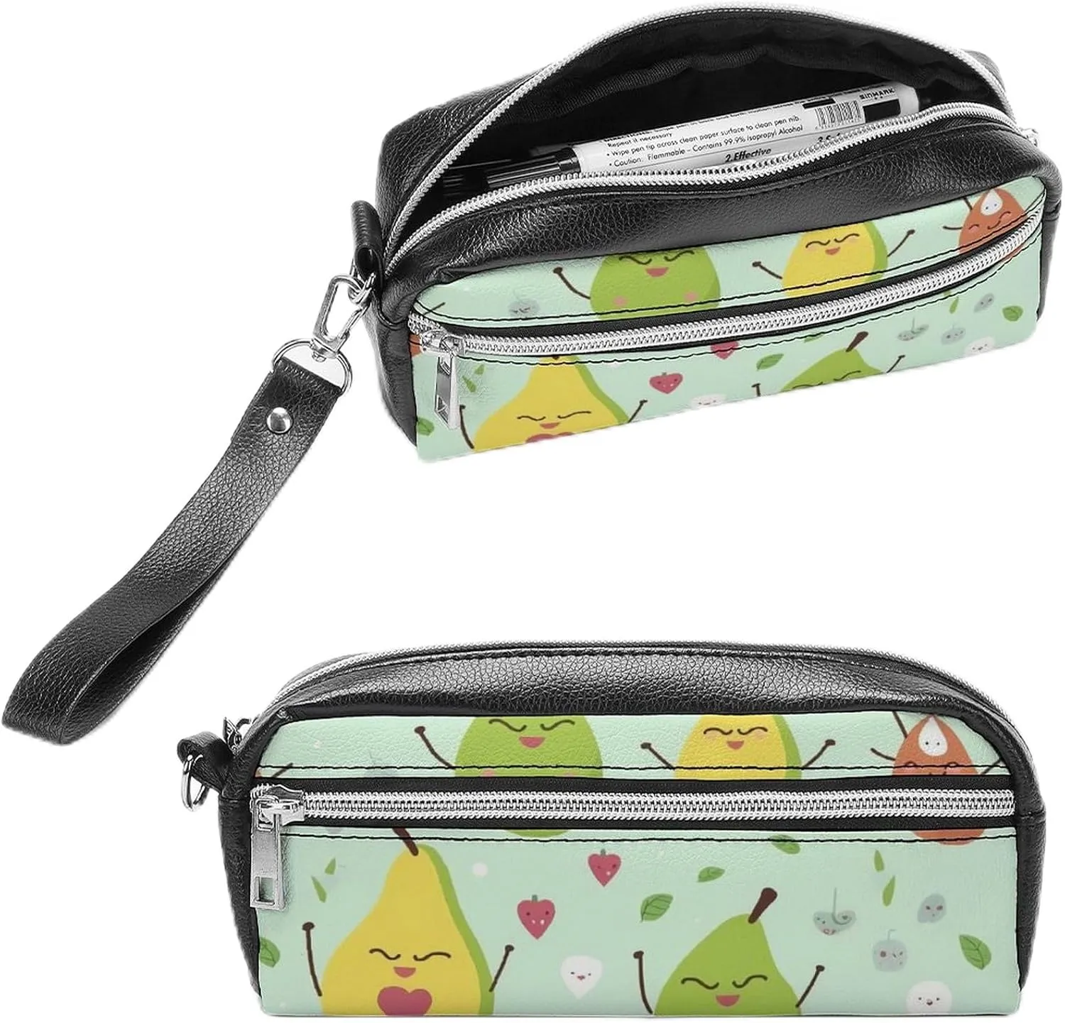 Leather Pencil Cases Cartoon Pears Pen Pouch Travel Cosmetic Bag for Purse Portable Makeup Brush Bag Holder Coin Purse for Women Makeup Case Organizer