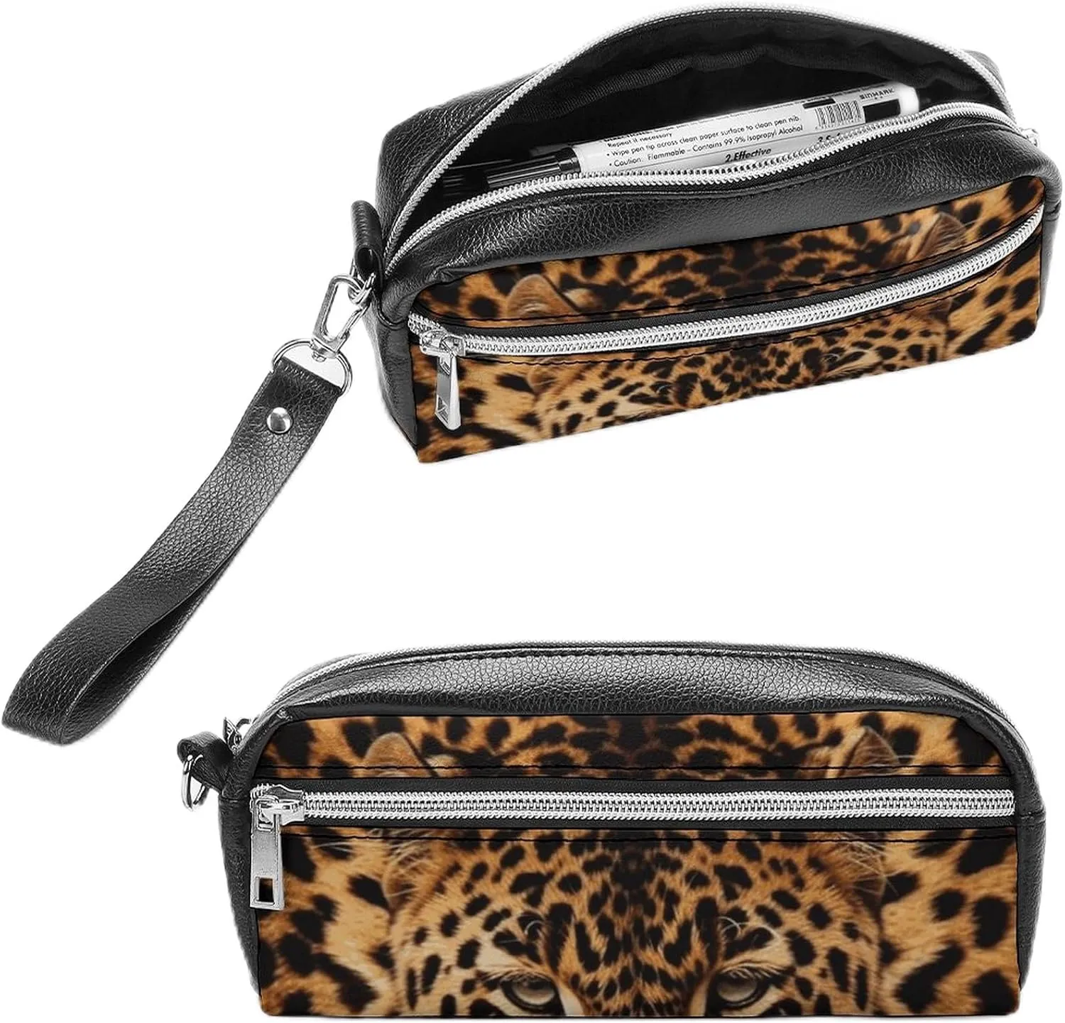 Leather Pencil Cases Depict A Leopard Pen Pouch Travel Cosmetic Bag for Purse Portable Makeup Brush Bag Holder Coin Purse for Women Makeup Case Organizer