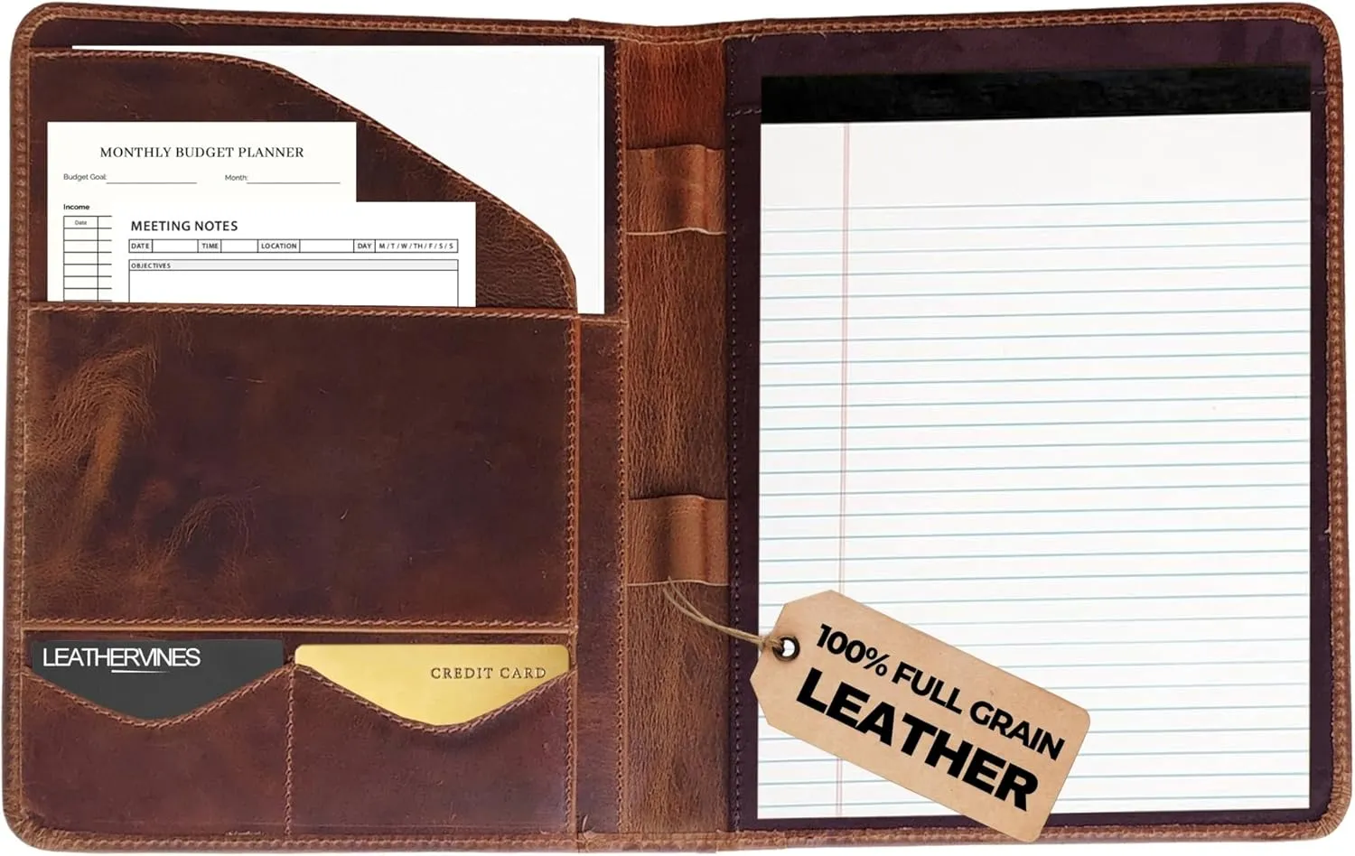 Leather Portfolio Business Organizer – A4 Leather Padfolio for Men & Women | Professional Document Folder with Business Card Holder, Legal Pad, Clipboard & Pen Slot – Ideal for Meetings & Travel