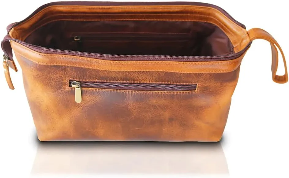 Leather Toiletry Bag for Men, Handmade Genuine Leather Wire Toiletry Bag, Bathroom Organizer Shaving Dopp kit, Cosmetic Bag for Men and Women, Makeup Bag (4 Antique Tan)