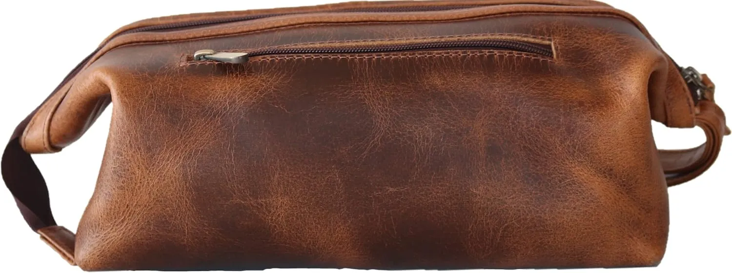 Leather Toiletry Bag for Men, Handmade Genuine Leather Wire Toiletry Bag, Bathroom Organizer Shaving Dopp kit, Cosmetic Bag for Men and Women, Makeup Bag (4 Antique Tan)