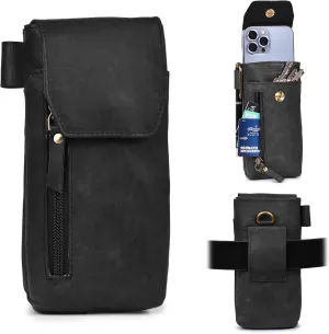 Leather Village Genuine Leather 7”x3.5” Phone Holster Pouch with Belt Clip, Magnetic Closure, ID Card Holder - Black Universal Case for iPhone, Samsung Galaxy, Google Pixel