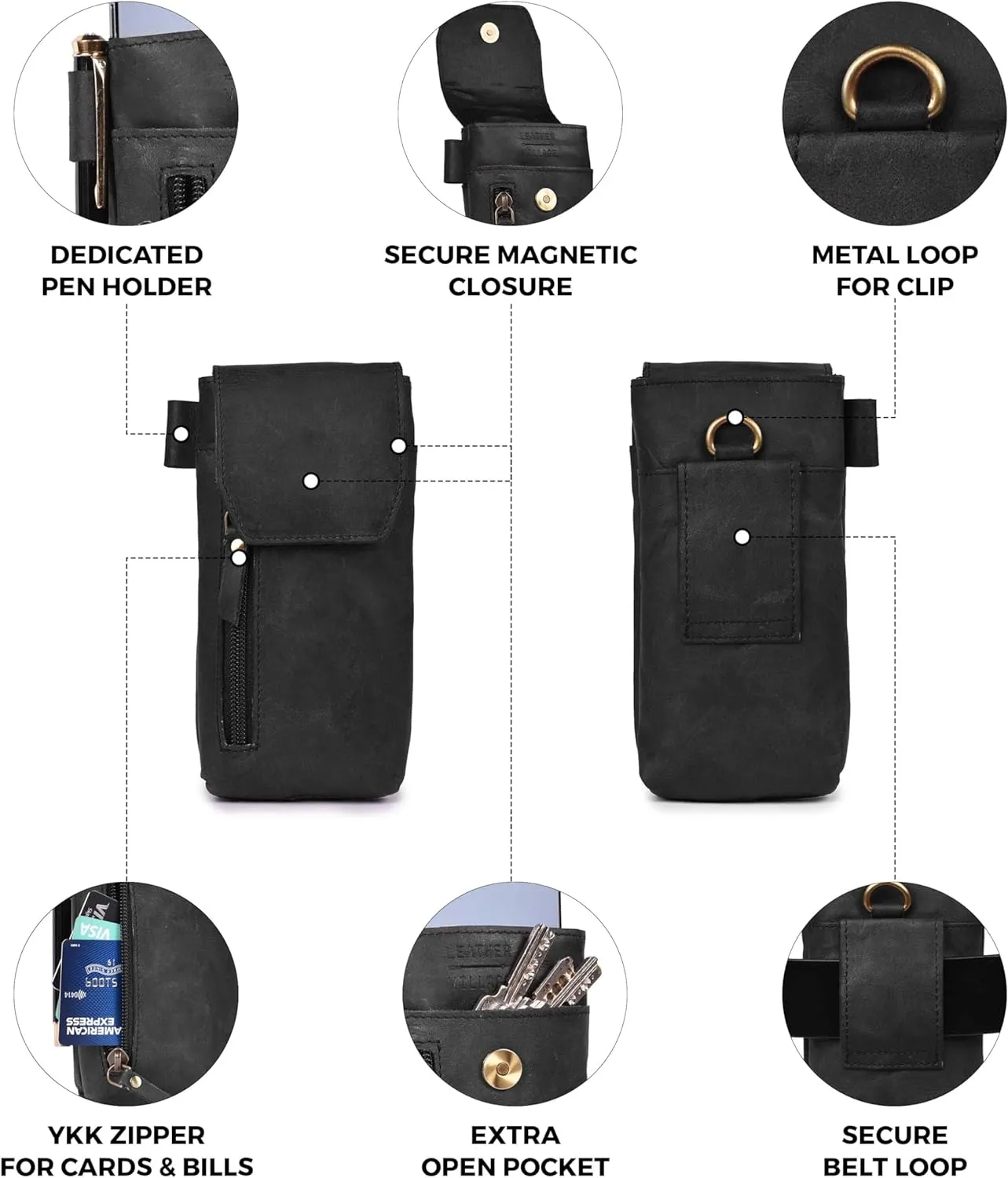 Leather Village Genuine Leather 7”x3.5” Phone Holster Pouch with Belt Clip, Magnetic Closure, ID Card Holder - Black Universal Case for iPhone, Samsung Galaxy, Google Pixel