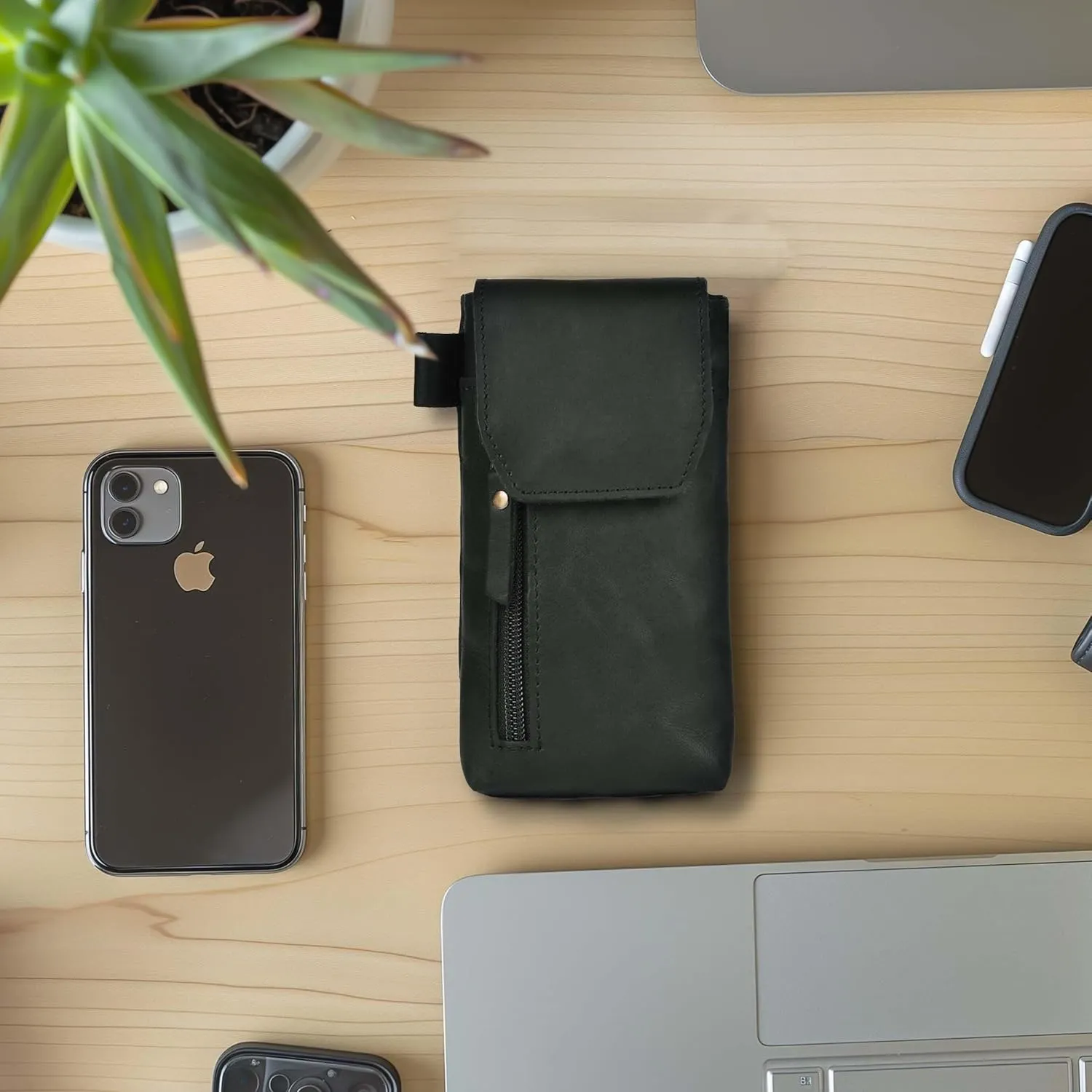 Leather Village Genuine Leather 7”x3.5” Phone Holster Pouch with Belt Clip, Magnetic Closure, ID Card Holder - Black Universal Case for iPhone, Samsung Galaxy, Google Pixel