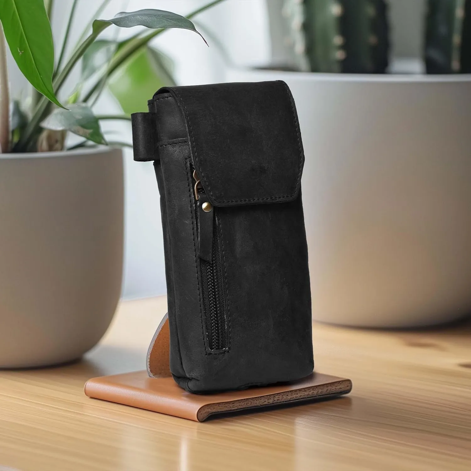 Leather Village Genuine Leather 7”x3.5” Phone Holster Pouch with Belt Clip, Magnetic Closure, ID Card Holder - Black Universal Case for iPhone, Samsung Galaxy, Google Pixel