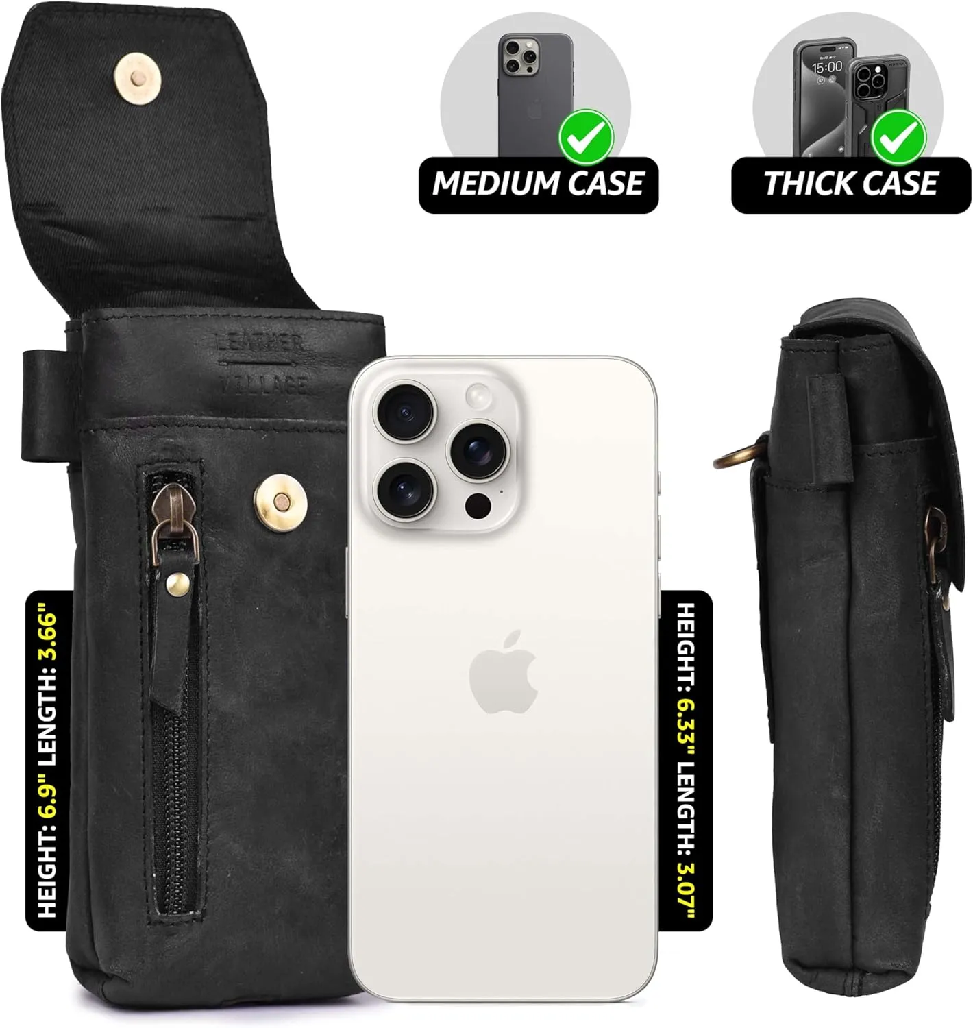 Leather Village Genuine Leather 7”x3.5” Phone Holster Pouch with Belt Clip, Magnetic Closure, ID Card Holder - Black Universal Case for iPhone, Samsung Galaxy, Google Pixel