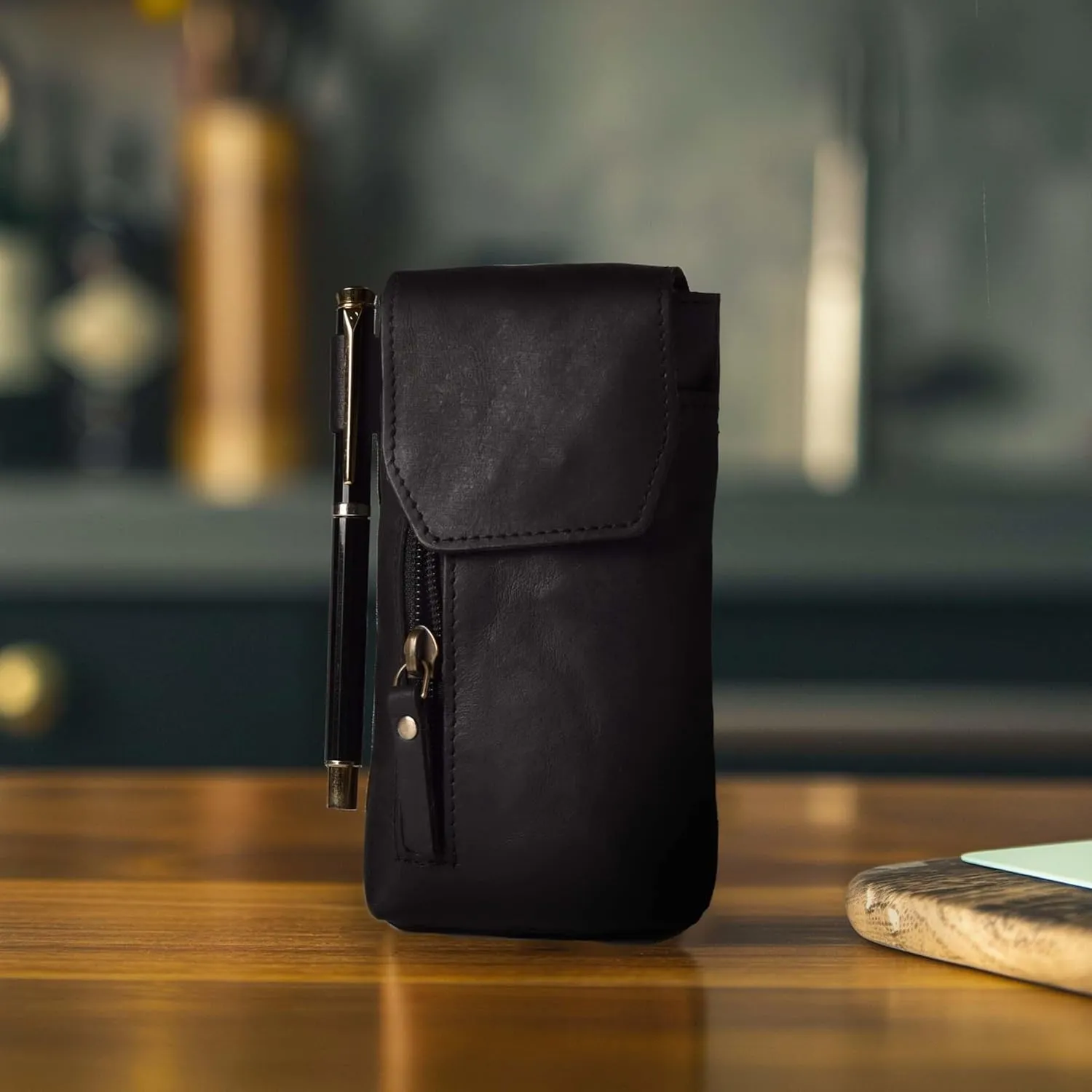 Leather Village Genuine Leather 7”x3.5” Phone Holster Pouch with Belt Clip, Magnetic Closure, ID Card Holder - Black Universal Case for iPhone, Samsung Galaxy, Google Pixel
