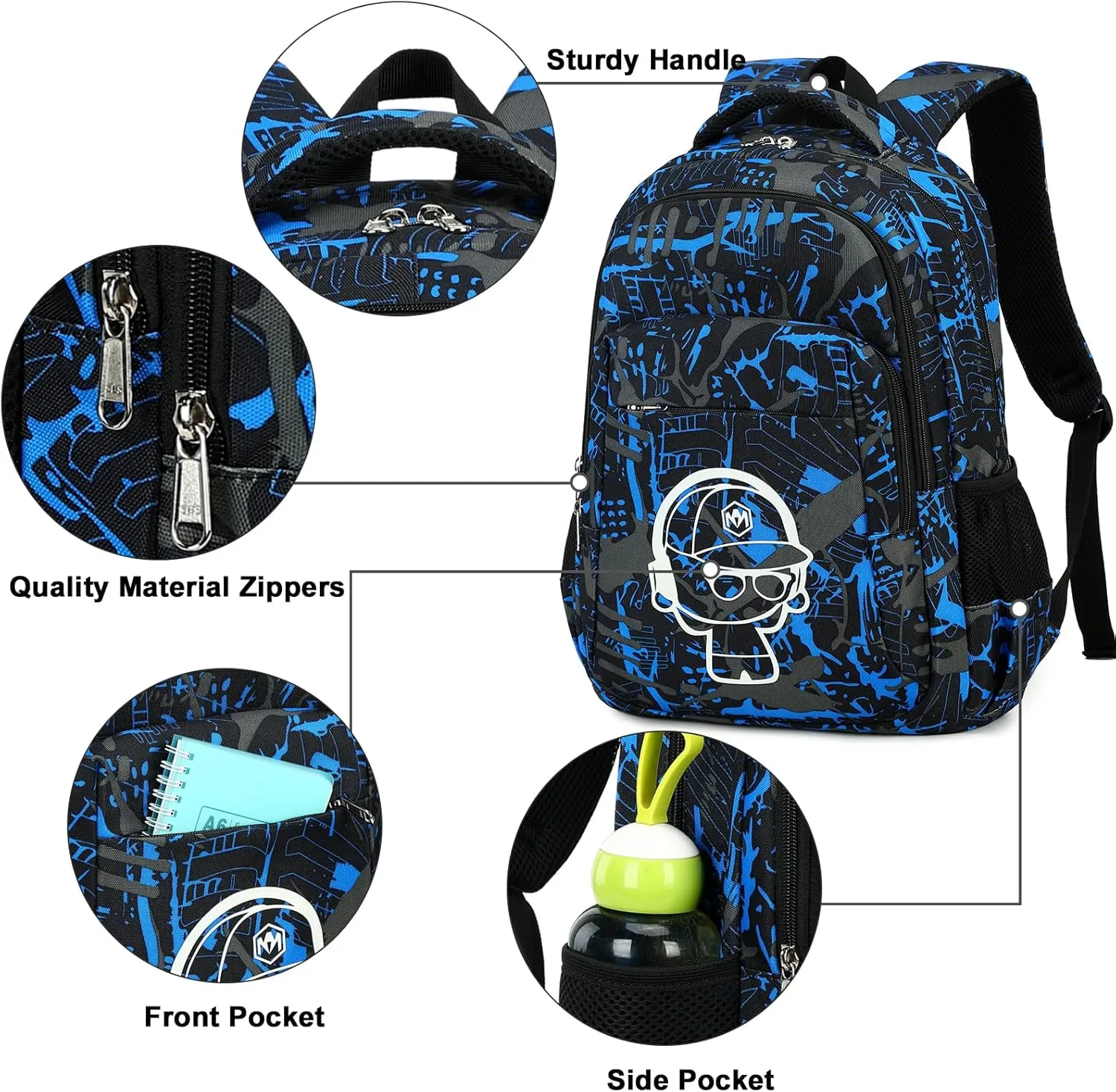 LEDAOU School Backpack Teen Boys Kids Bookbag Daypack School Bag (Graffiti Blue)