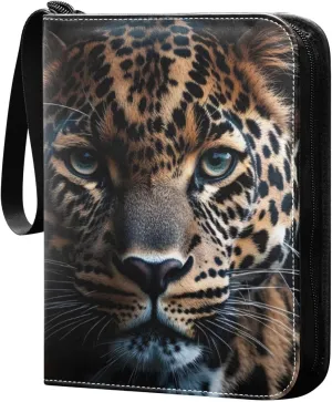 Leopard Portrait Card Binder 4 Pocket Trading Card Album Fits 400 Sports/Game Cards, PU Cover 3 Ring Card Collection with 50 Removable Sleeves